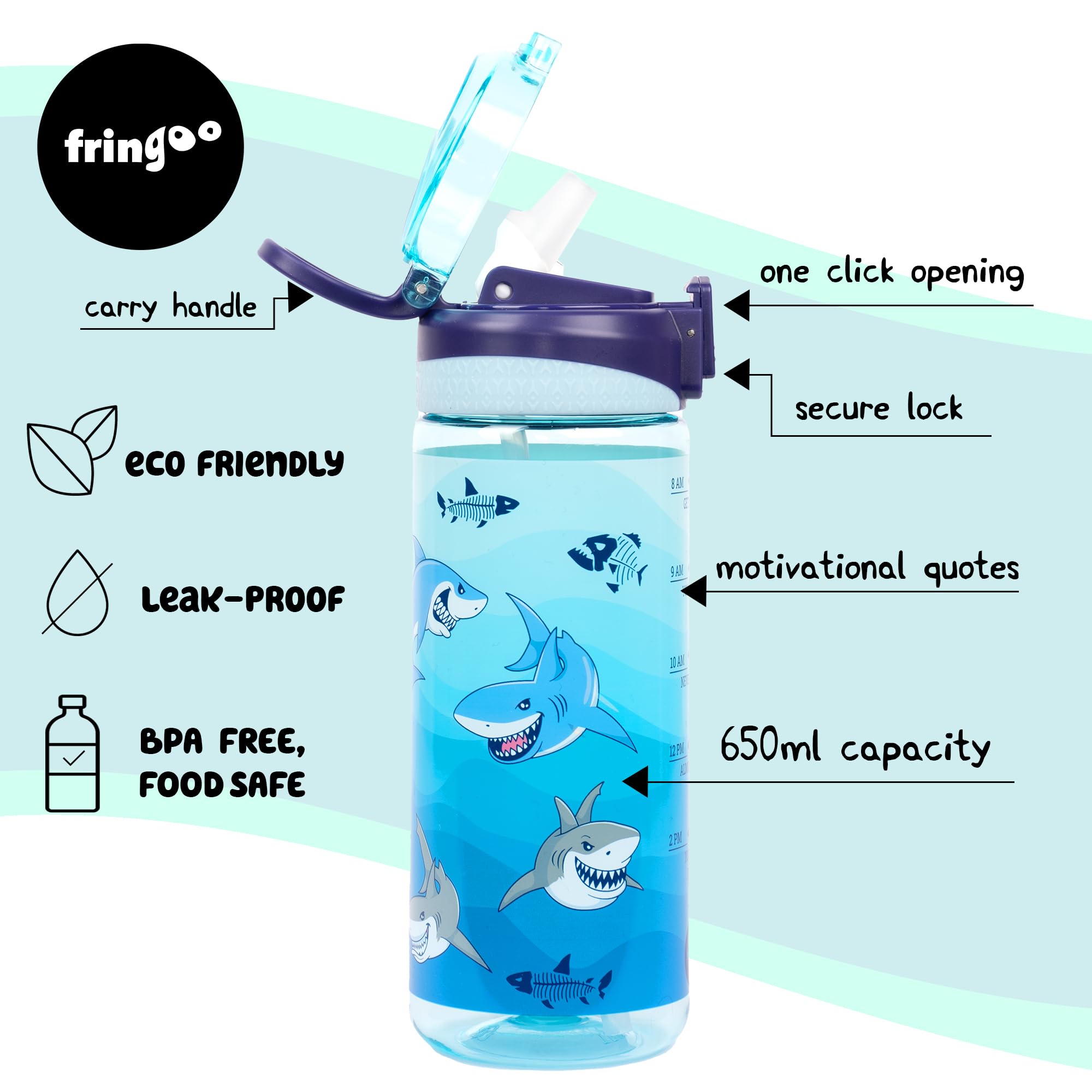 Fringoo, 650ml Kids Water Bottle, Carry Handle100% Leakproof & BPA Free Tritan Silicon Straw, Secure Flip Lock Lid - Image 3