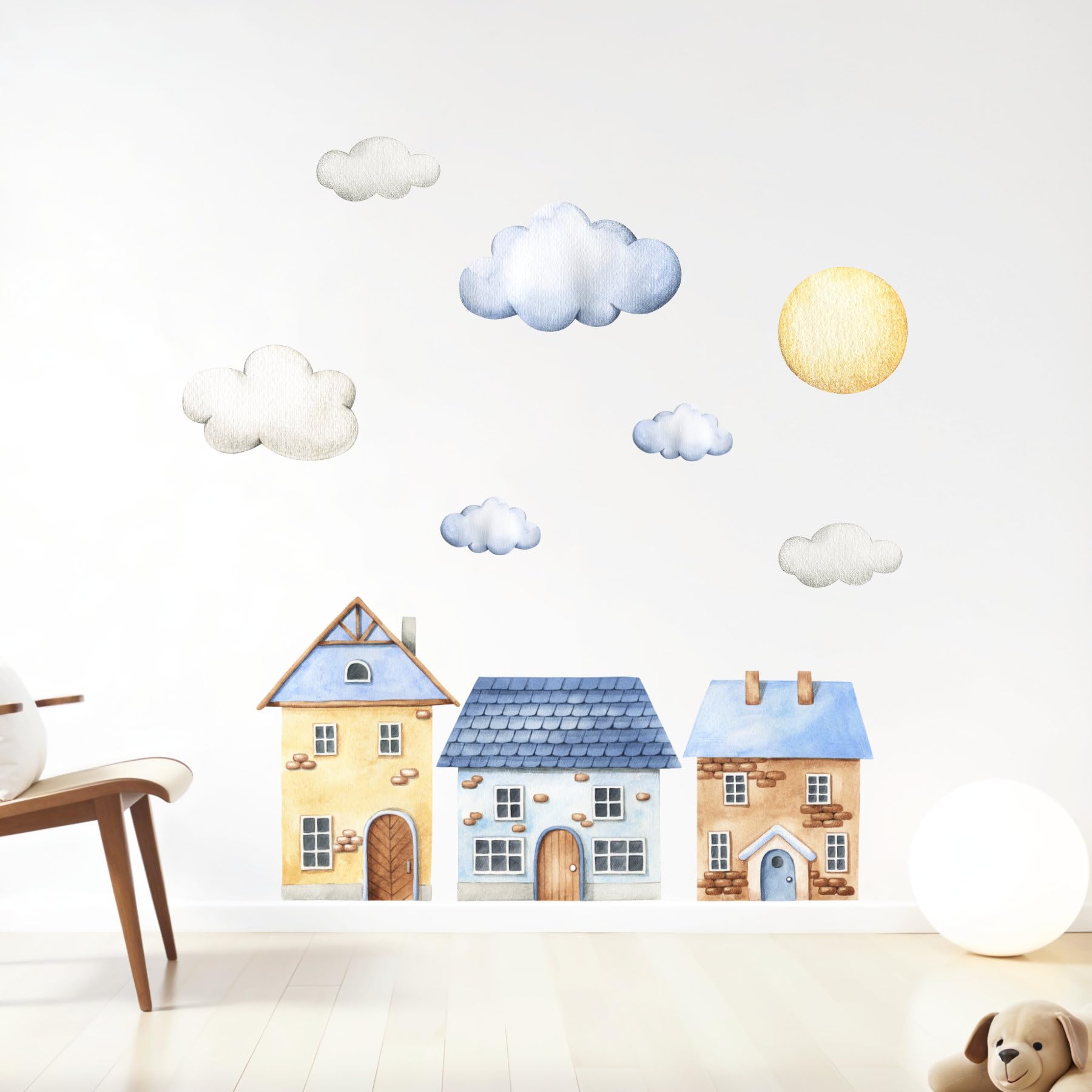 Adesivi Murali Bambini con 3 Casette Fiabesche, Nuvole e Sole | Decorazioni Cameretta Storybook Houses | Made in Italy