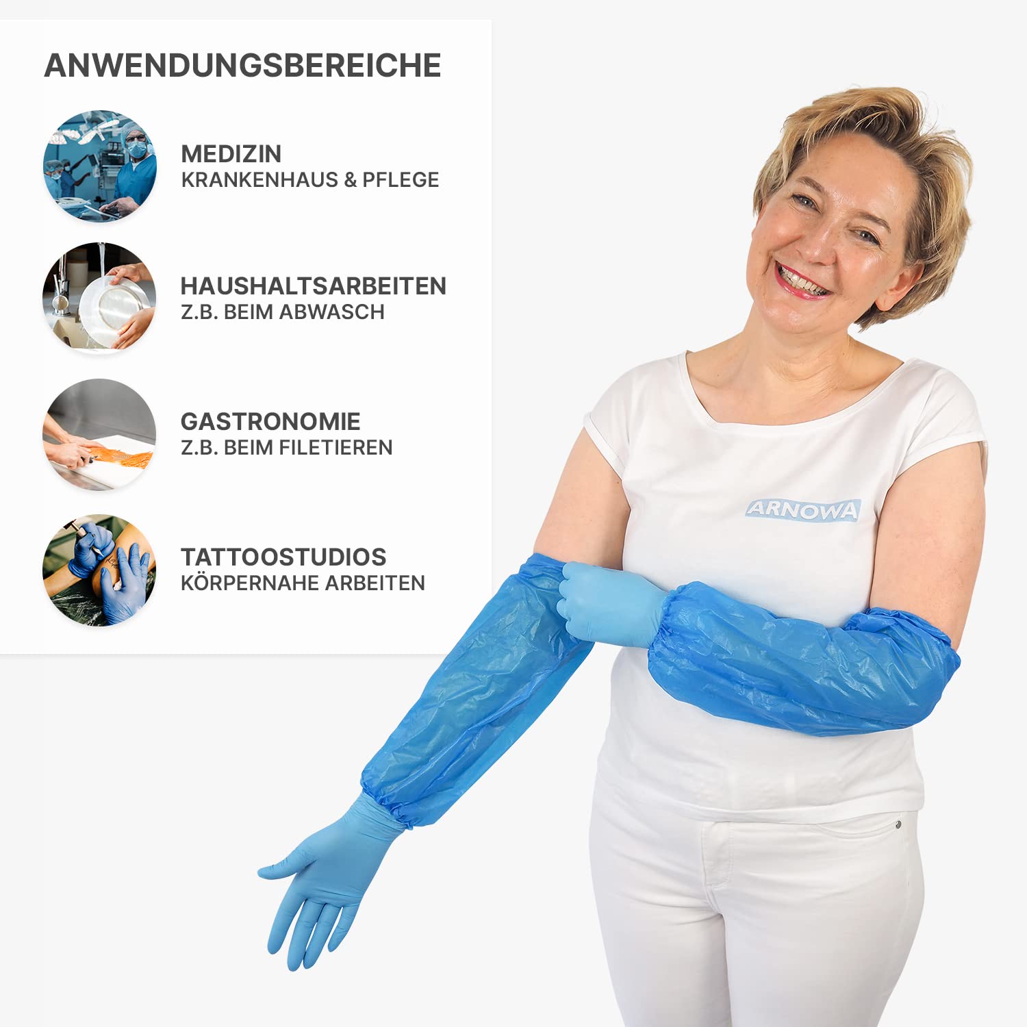 100x ARNOMED® CPE Einweg Ärmelschoner Extra Stark, Plastik Ärmelschoner | Einweg Armstulpen mit Gummizug Blau, Wasserdicht, Ärmelschutz gegen Schmutz für Damen & Herren, Einweg Armlinge