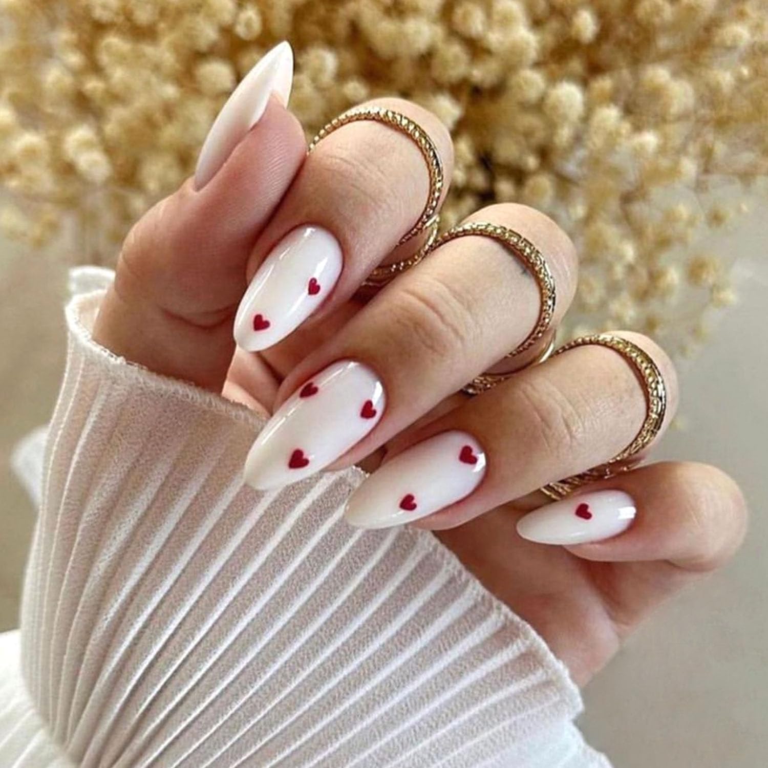 Press on Nails Mediun Almond Glue on Nails White Full Cover Nails Press ons Red Heart Acrylic Nails Glossy Simple Stick on Nails for Women 24 Pcs