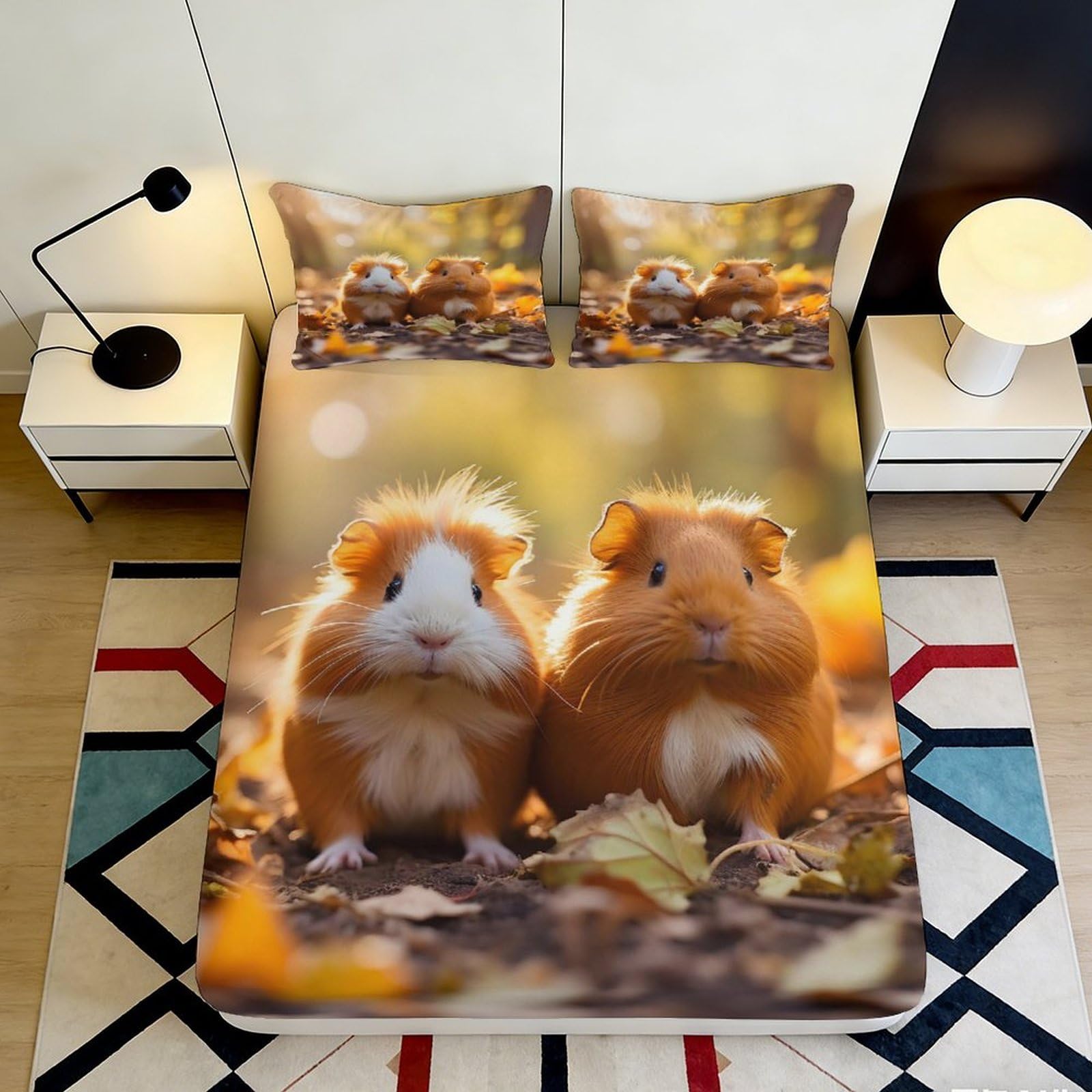 3D Printed Guinea Pig Fitted Sheet Microfiber Soft Breathable Autumn Leaves Bed Cover for Bedroom Dormitory Guest Room Mattress Protection 120x200x25cm