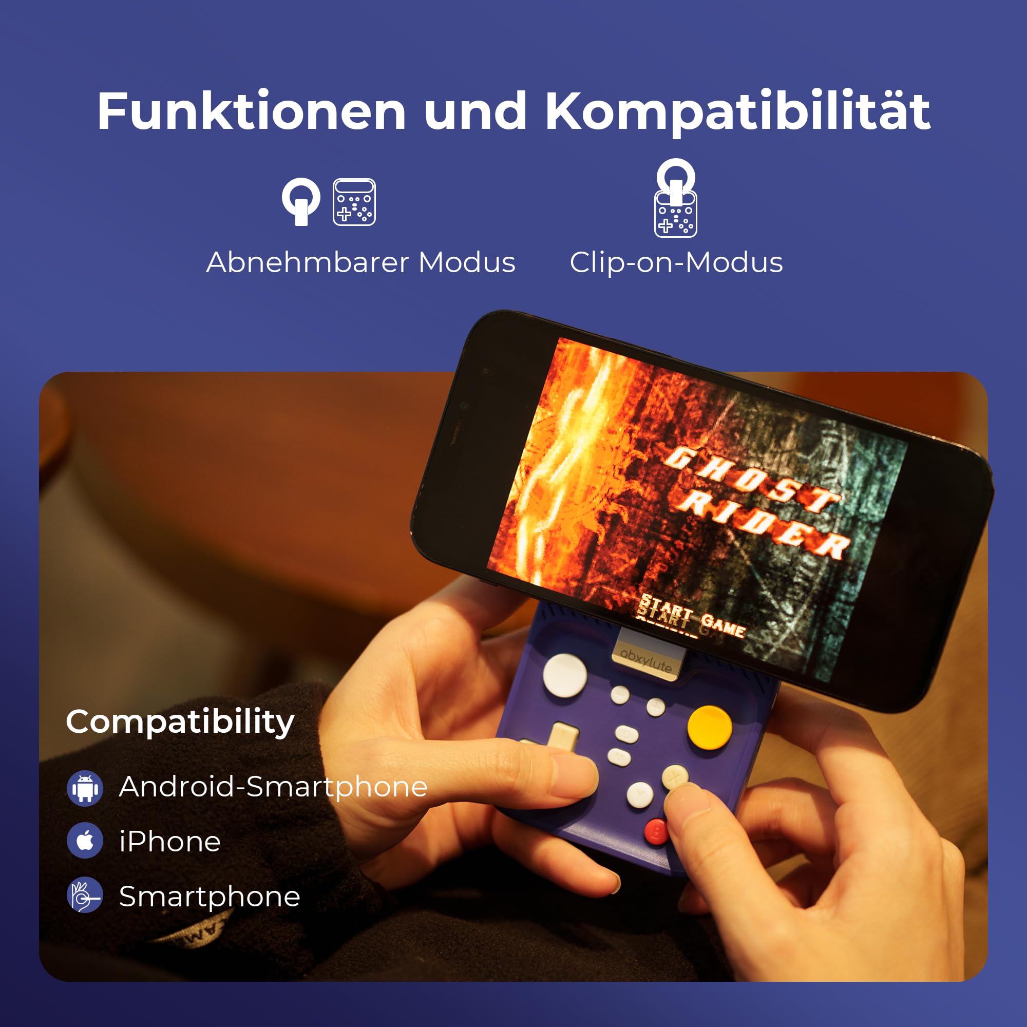 abxylute M4 Snap-On Mobile Gaming Controller für Android & iPhone, tragbarer Handy-Controller, Retro-Emulator-Gamepad mit Ständer, Dual-Joystick-Turbo, Magnet (blue)