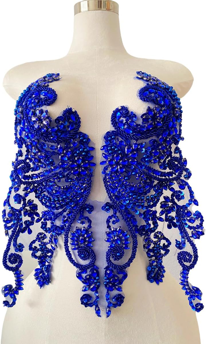 Hand-Made Beaded Rhinestons DIY Clothing Appliques Patch sew on Decoration Flower Applique Dress Accessories (Blue)