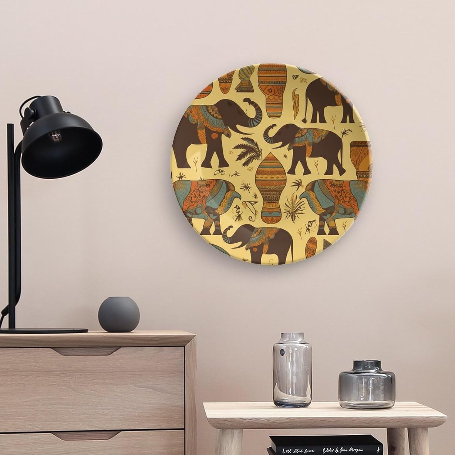 Africa Elephant Bone China Decorative Plate with Display Stand, Ceramic Ornaments Plate for Wall Hanging, Personalized Porcelain Plates for Office, Living Room 10inch