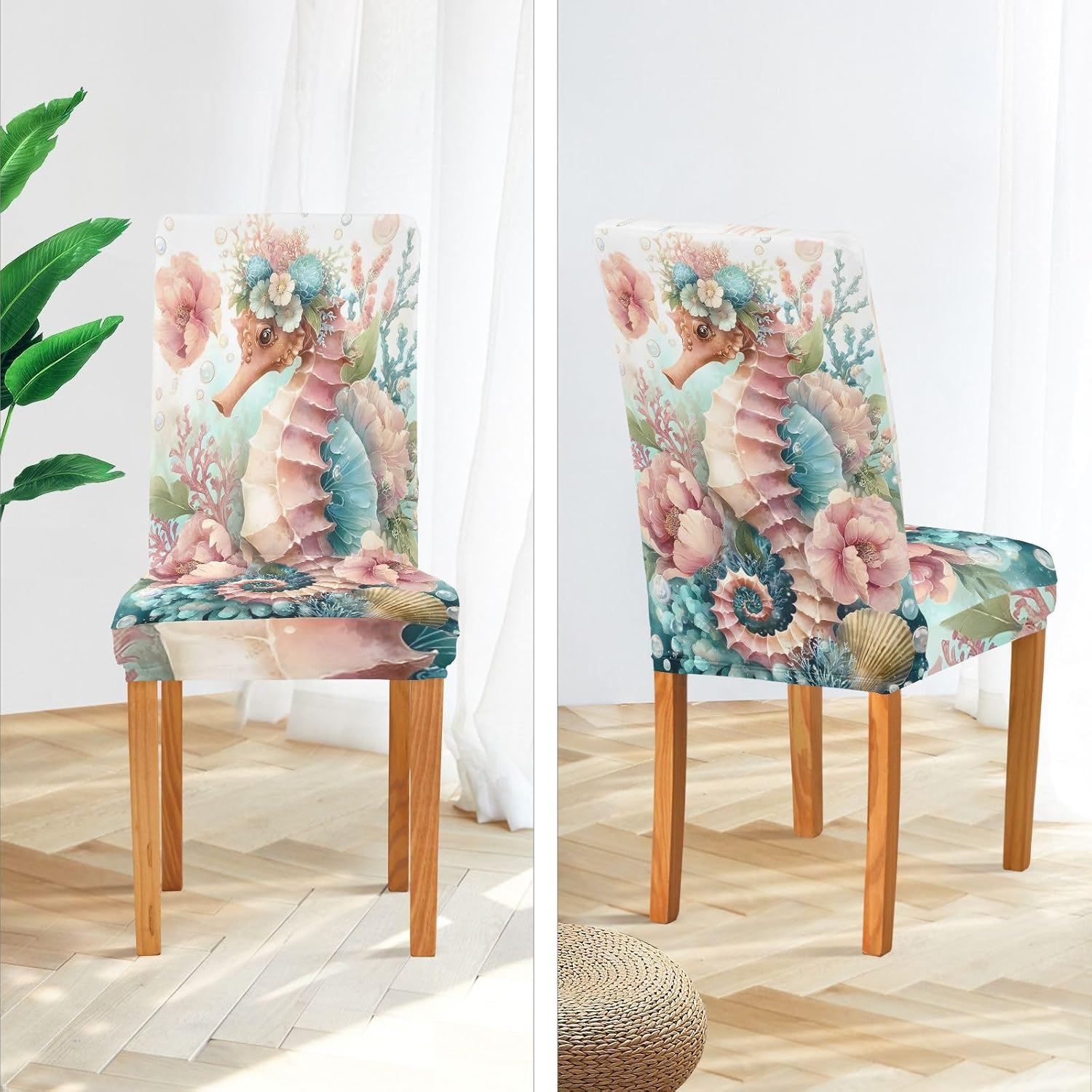 ALAZA Chair Covers for Dining Room, Beautiful Seahorse Stretch Chair Cover Sets Chair Protector Removable Washable for Ktichen Restaurant Hotel
