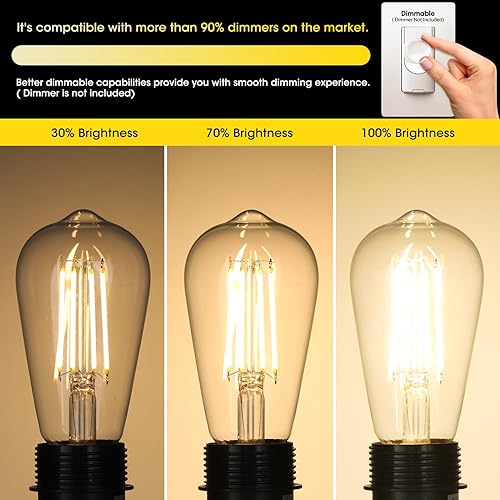 Miniatura 5 de Bombillas LED Edison vintage de 6 W, equivalente a 60 W incandescentes, blanco cálido 2700 K, bombillas de filamento LED antiguas ST58 con 90+ CRI,