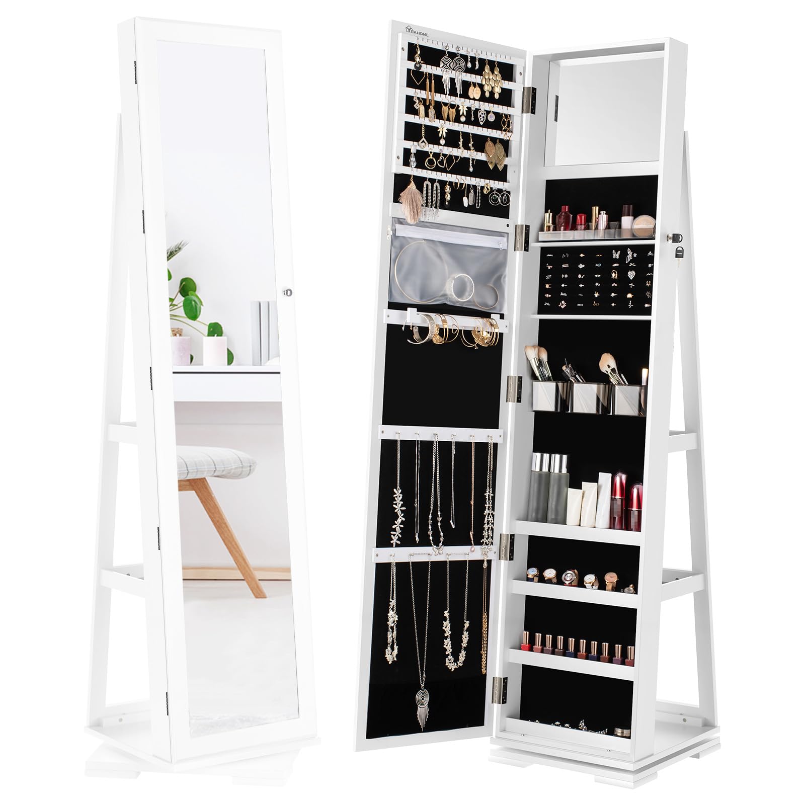 YITAHOME Jewellery Cabine Standing Full Length Mirrort, 360° Swivel Jewelry Armoire 3-in-1 Mirror, Lockable Cosmetic Storage Organize for Dressing/Bedroom