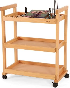 VISWIN Art Cart Organizer, Solid Beechwood Art Supply Storage Organizer with Caster Wheels, 3-Tier Multifunctional Rolling Utility Storage Cart for Studio, Classroom, Artists - Natural