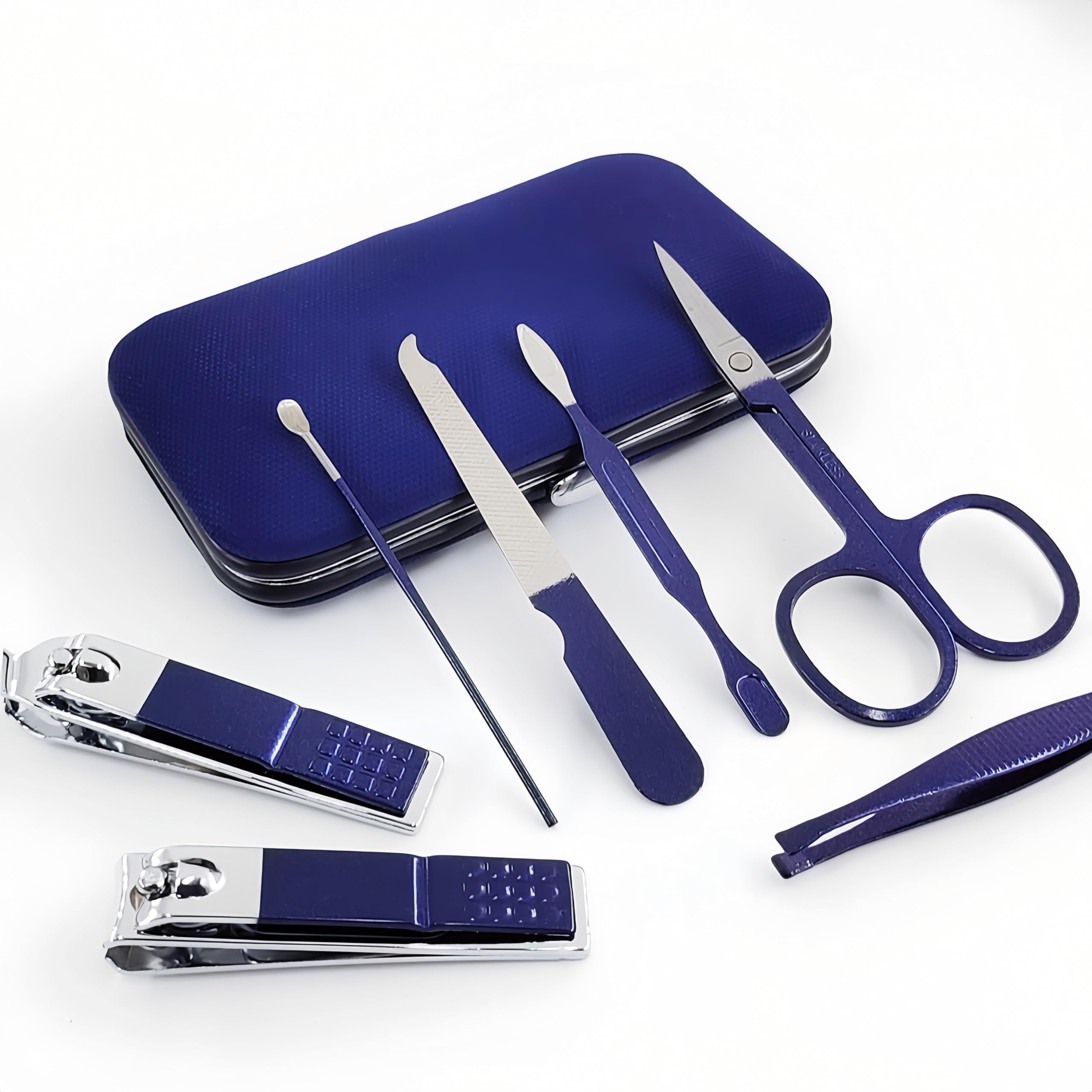 QURIPE Juego de manicura de 7 piezas, kit de cortaúñas, kit de manicura de acero inoxidable, herramientas de corte de uñas, kit portátil de aseo de viaje, el mejor regalo con estuche de lujo (azul)