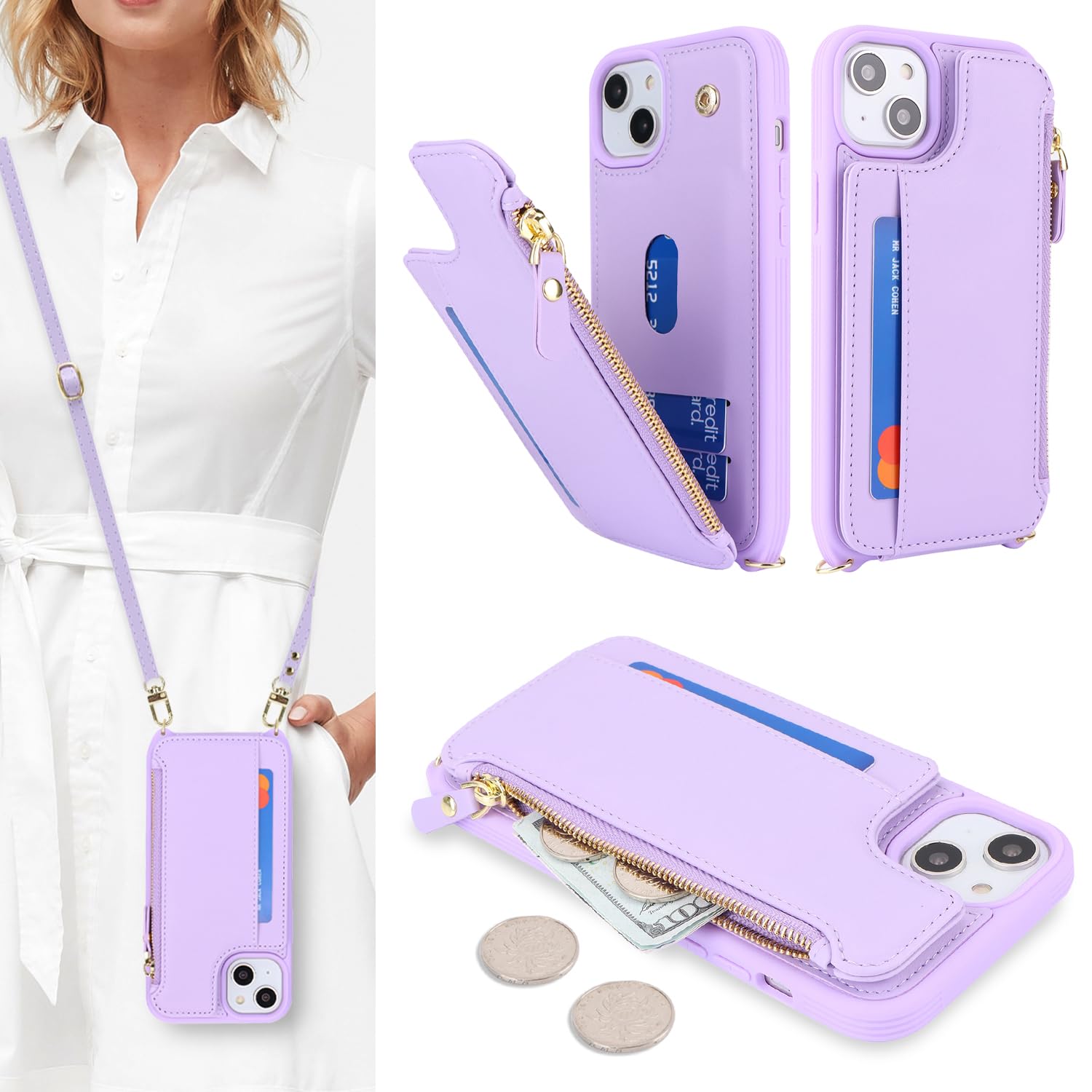 Cavor for iPhone 15 Case Wallet with Card Holder for Women,for iPhone 15 Case with Strap,Crossbody Lanyard and Wristlet,Leather Zipper Pocket Phone Case-Purple