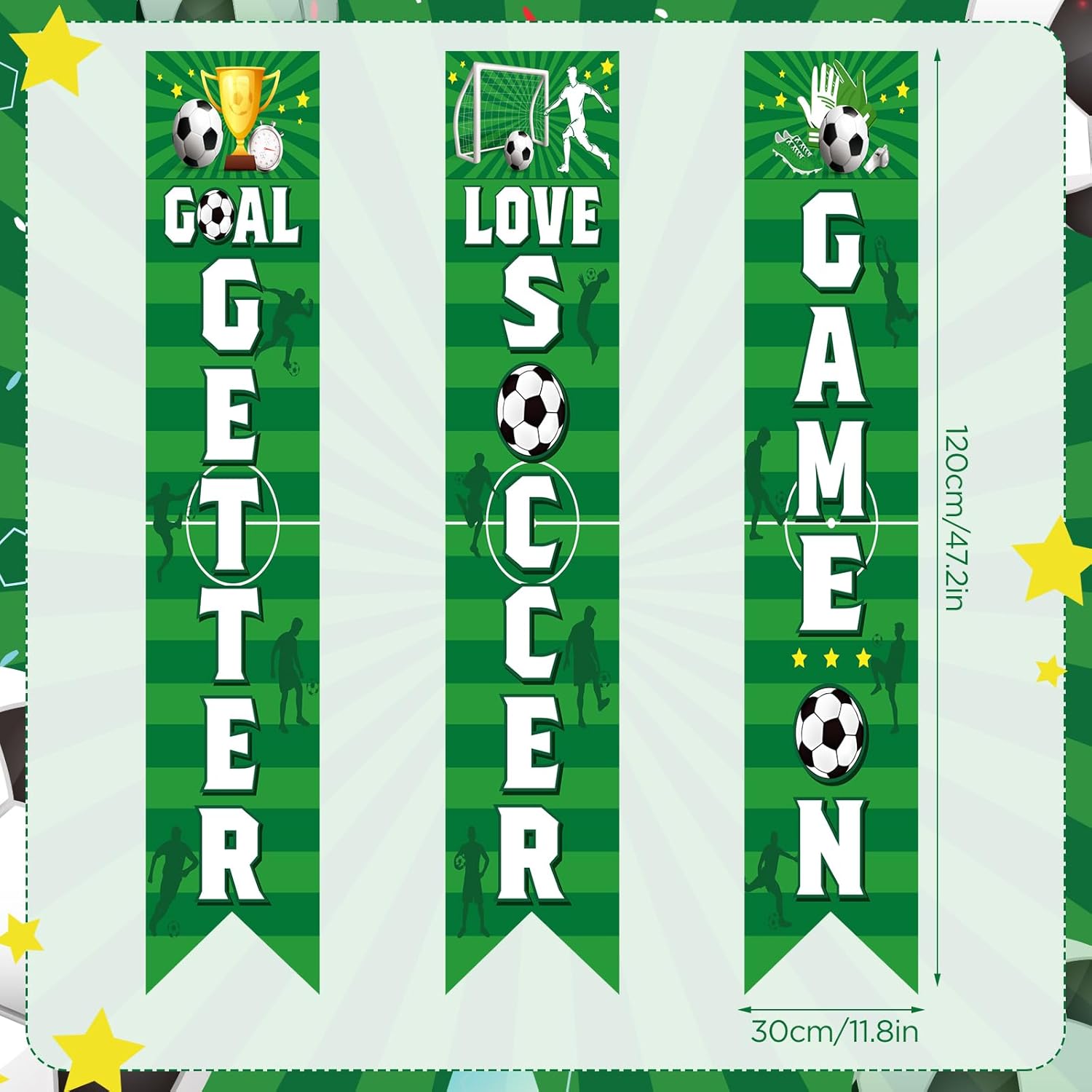 3PCS Soccer Porch Sign Banners,Soccer Sports Party Decorations Welcome Hanging Soccer Door Banner for Wall Yard Birthday Game Time Day Festival Party Supplies Decor School Home Indoor Outdoor