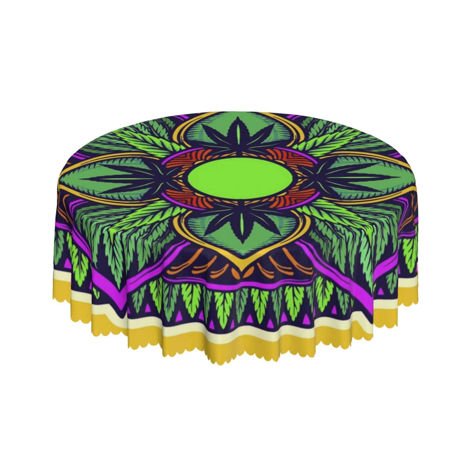 Lsjuee Leaf Mandala Trippy Yellow Round Tablecloth 60 Inch Printed Washable Tablecloth for Dining Party Holiday Fall Home Decorative