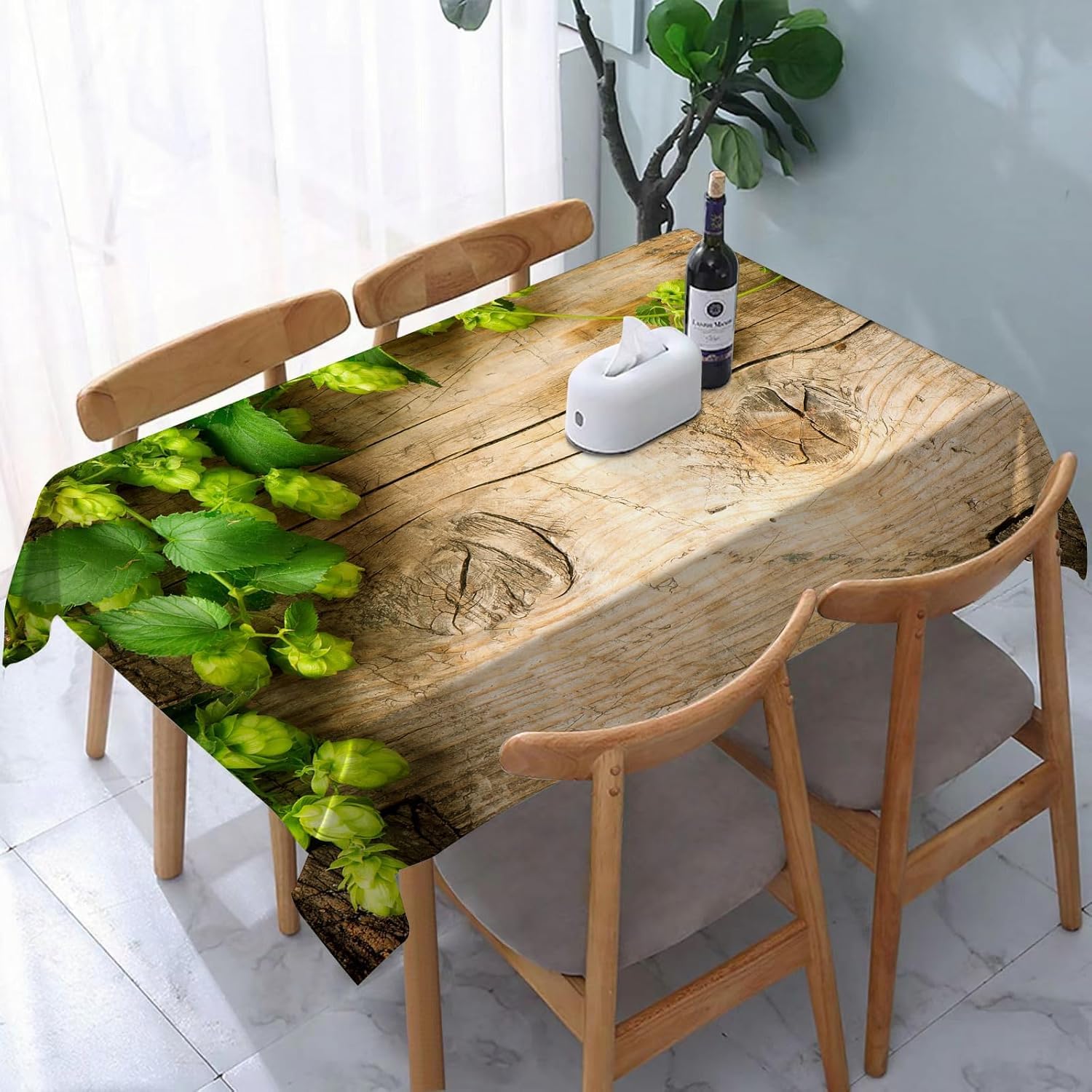 Tovaglia Effetto Legno 300x150 Tovaglia Antimacchia Rettangolare Foglie Verdi Tovaglie lavabile Stile Country Copritavolo in Poliestere Impermeabile per Cucina Feste A-7308