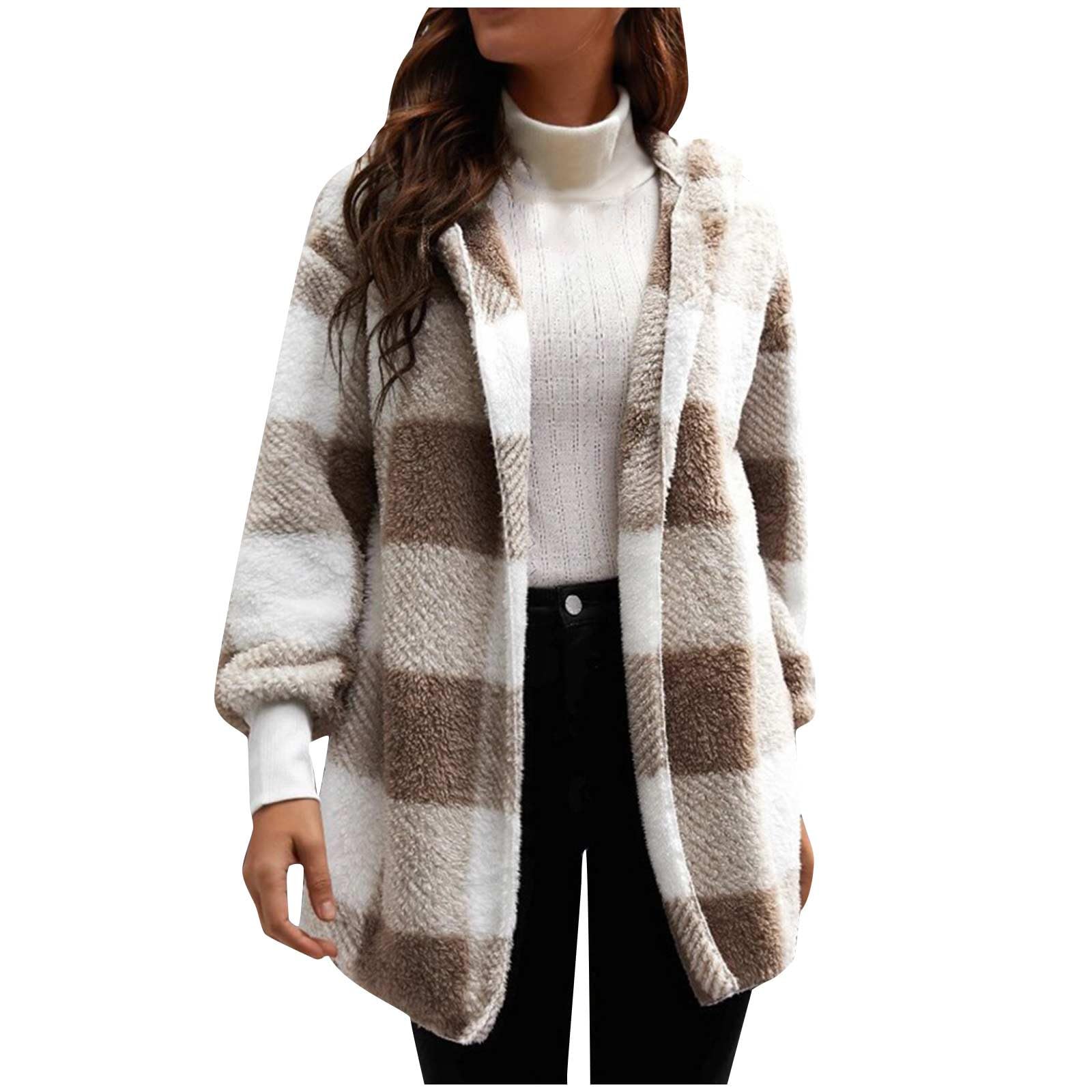 Womens Winter Coats Warm Plush Hooded Jackets Zip Up Button Cardigan Trendy Plaid Fleece Fuzzy Outerwear