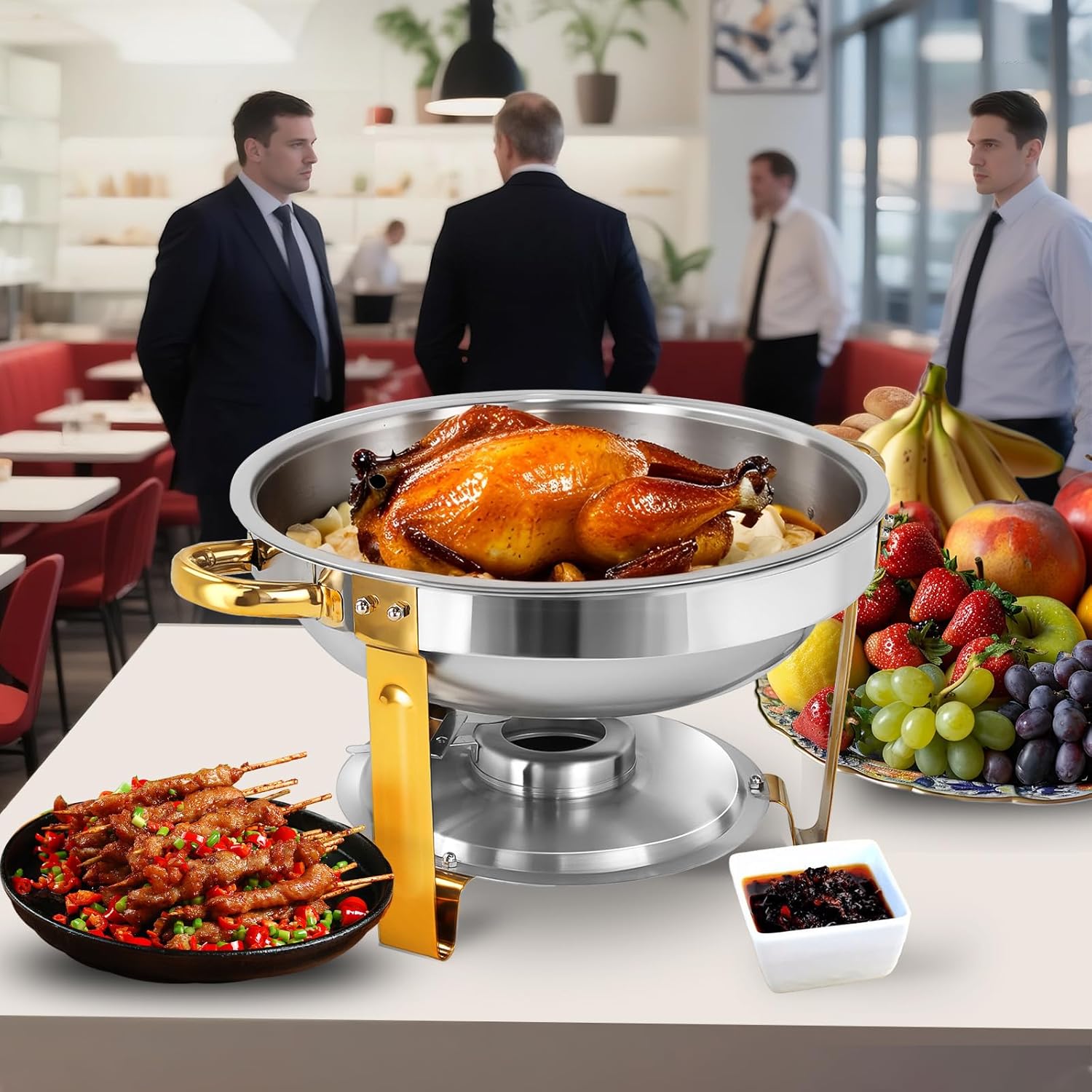 Chafing Dish Full Set, Round 5QT Stainless Steel Catering Chafer, Buffet Food Warmers for Parties Events Weddings, Gold, 4 Pack