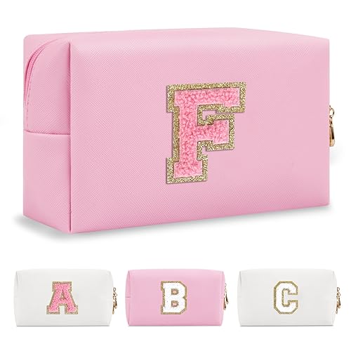 Miniatura 173 de Bolsa de maquillaje personalizada con inicial A-Z Preppy Patch, pequeña bolsa de cosméticos de PU con letra de chenilla y cierre para niñas Negro