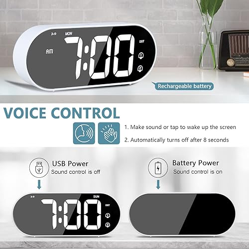 Miniatura 5 de Reloj despertador digital para dormitorios, pequeño reloj digital con repetición, atenuador de brillo de rango completo, volumen ajustable, control