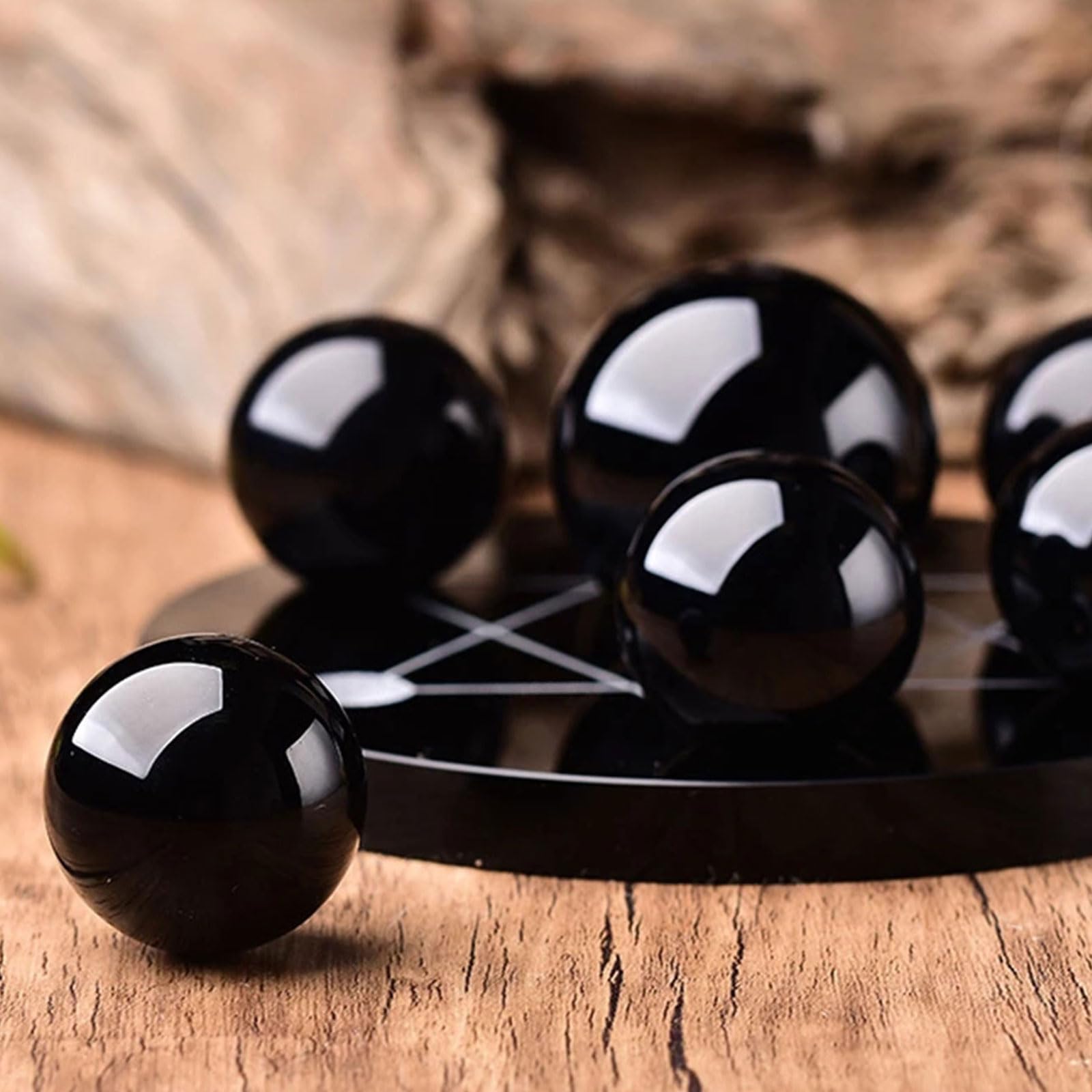 Sieben-Sterne-Gruppe aus schwarzem Obsidian - 7 Chakra-Edelsteinkugeln-Kugel-Set - Kugelornament aus natürlichem Obsidian mit Ständer für Meditation und Feng Shui-Heimdekoration,12cm