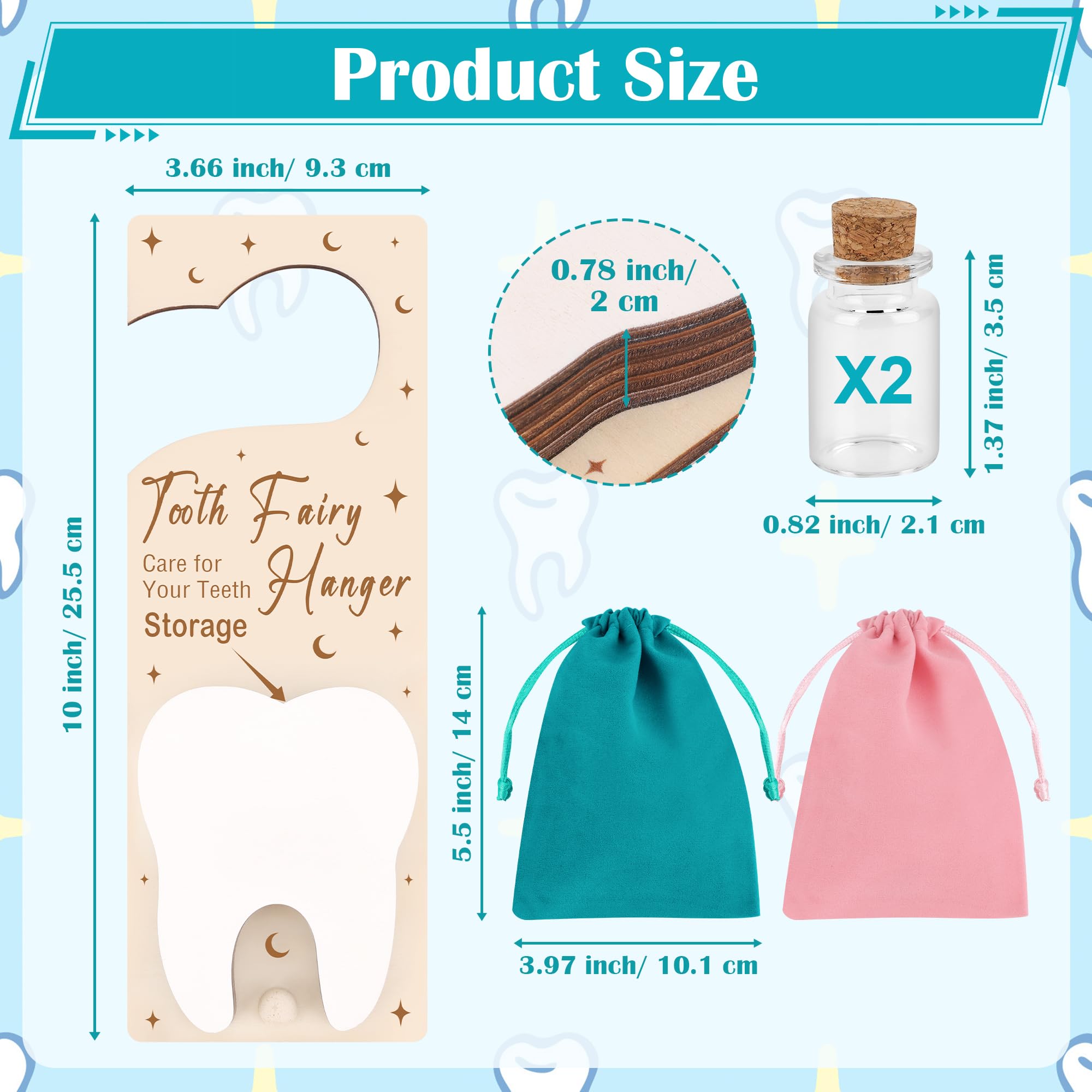 1+4PCS Tooth Fairy Door Holder, Windspeed Tooth Fairy Door Hanger with Slot Encourage for Lost Teeth Gift with 2 Bottles/ 2 Pouch - Image 2