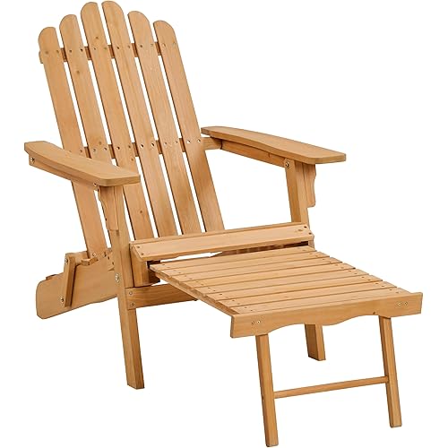 Yaheetech Folding Adirondack Chair with Retractable Ottoman 300lb Solid Wood Garden Chair, Fire Pit Lounge Chairs Weather Resistant Furniture for Garden/Yard/Patio/Lawn, Set of 1