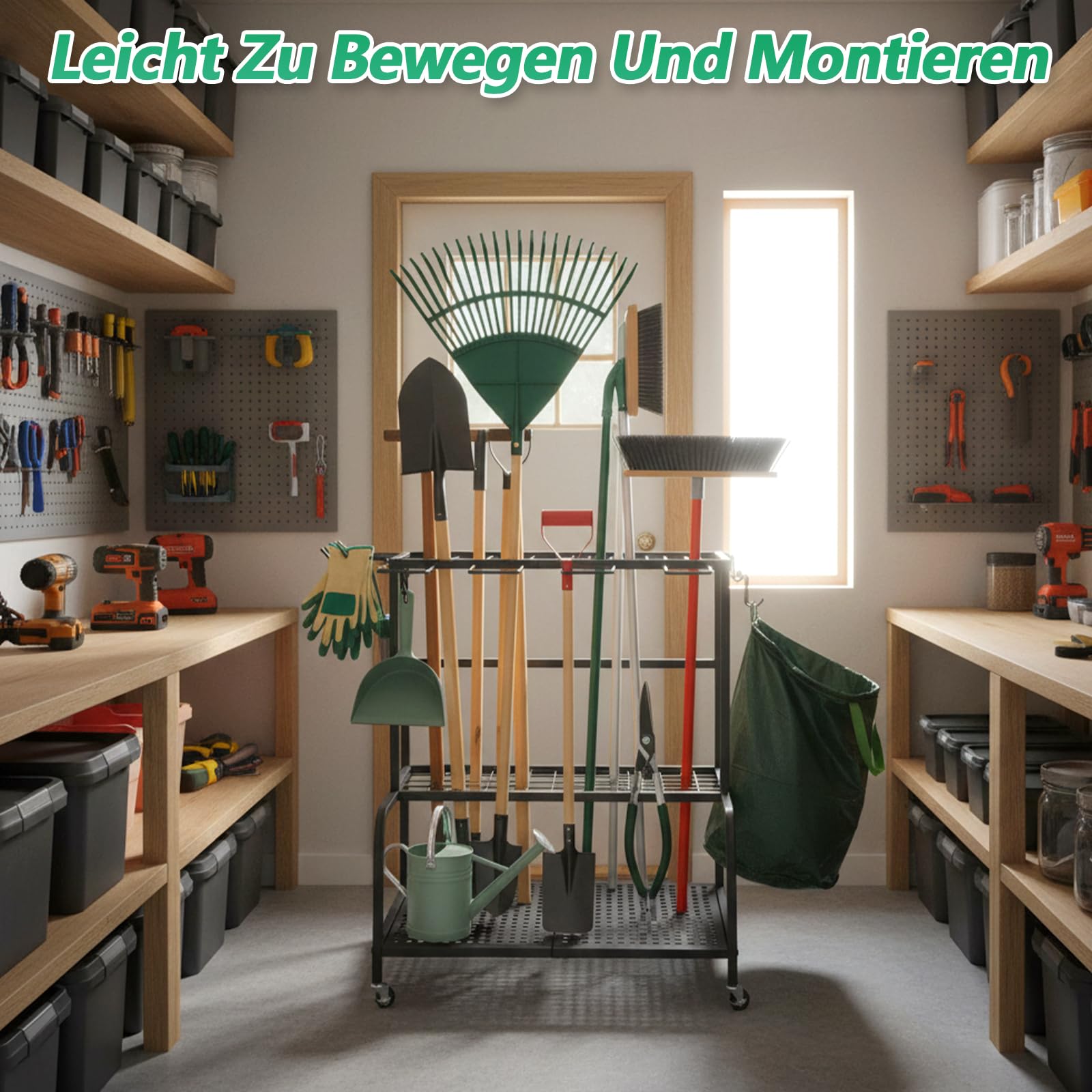 Gartengeräte Ständer 61X41X66cm Gerätehalter Organizer mit 78 Ablagefächern, Gartengeräteaufbewahrungsregal mit 11 Haken und 360° Schwenkbaren Rädern, Metall Gartenwerkzeug Halter Schwarz