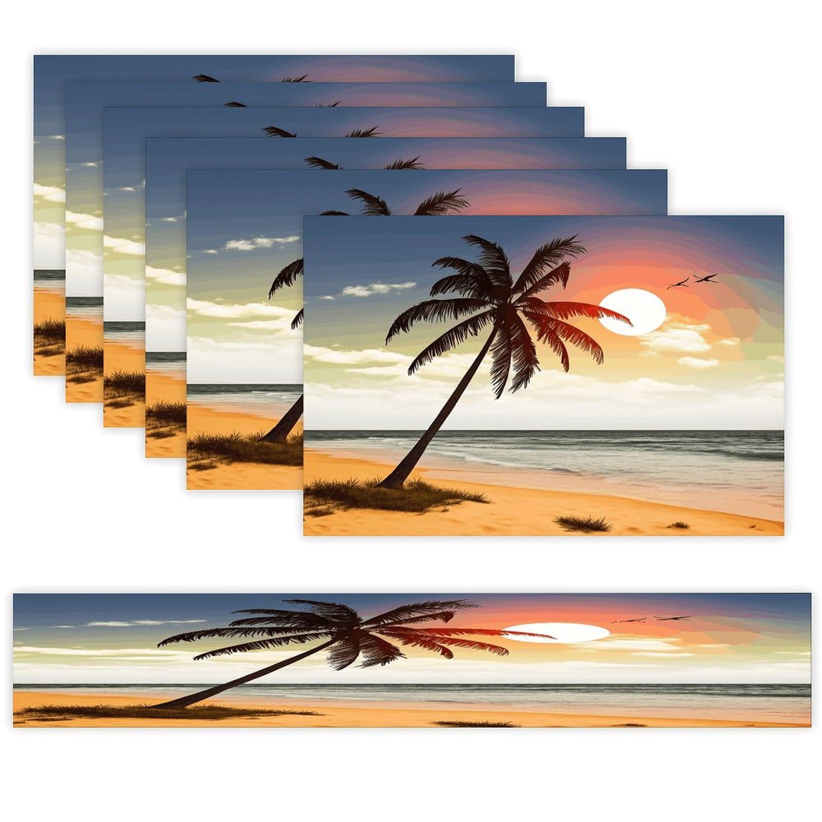 Palm Tree on Beach Table Runner and Placemats Set of 6 for Kitchen Washable Table Mats Heat Resistant Place Mats Non-Slip Place Mat Wipeable Placemat(6 Placemats+1 Table Runner)