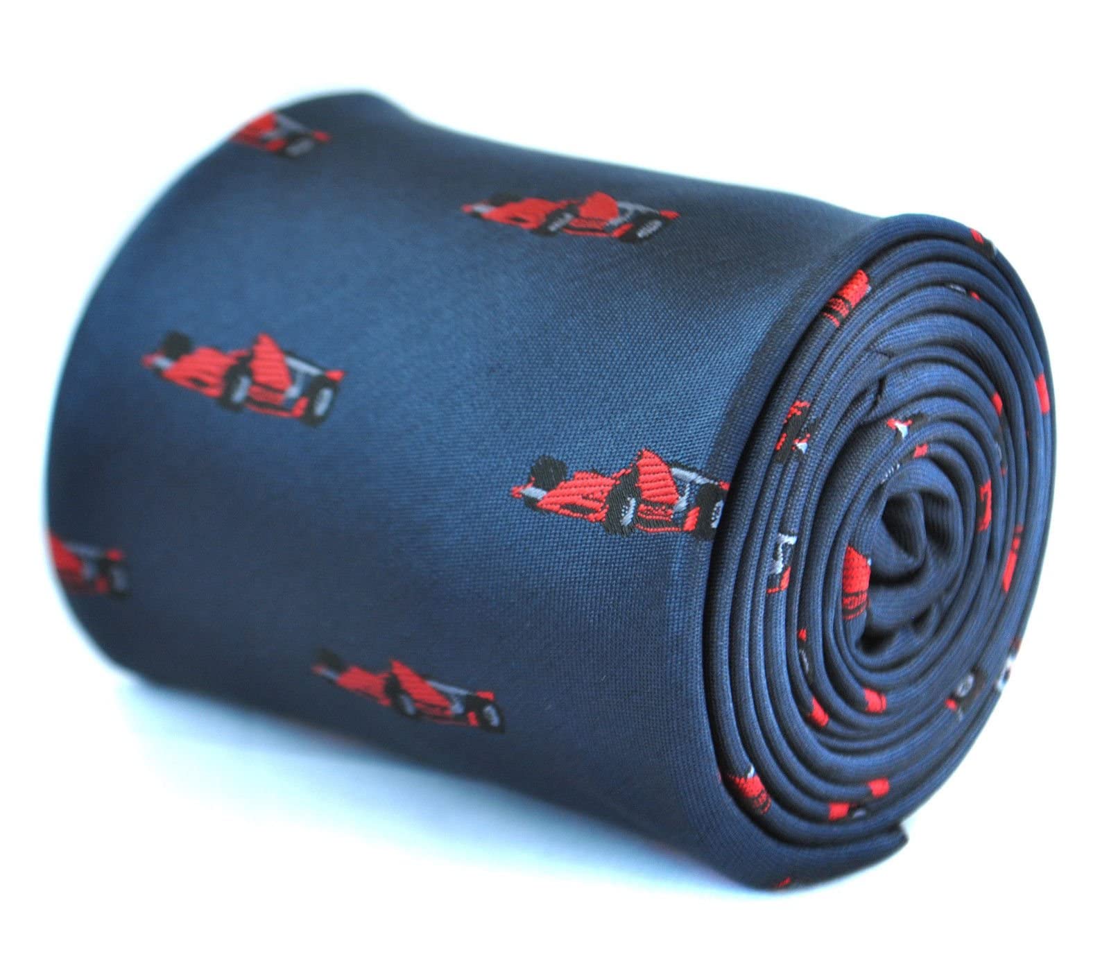 Frederick Thomas Designer Mens Tie - Dark Navy Blue - Embroidered Red Racing Car