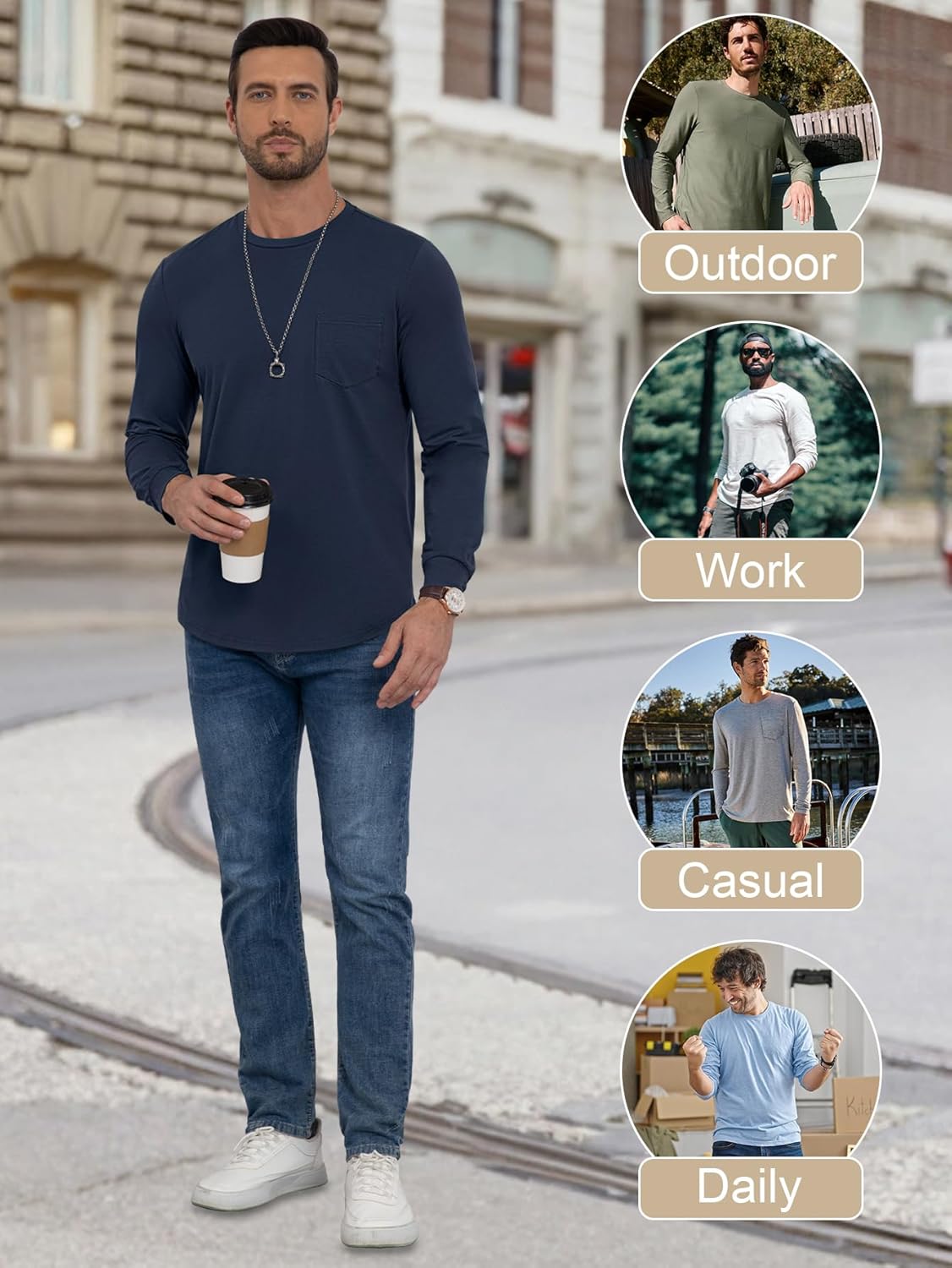 3 Pack Men's Long Sleeve Pure Cotton T-Shirt Crewneck Pocket Tee Longline Casual Lightweight Fall Basic Shirts - Image 5