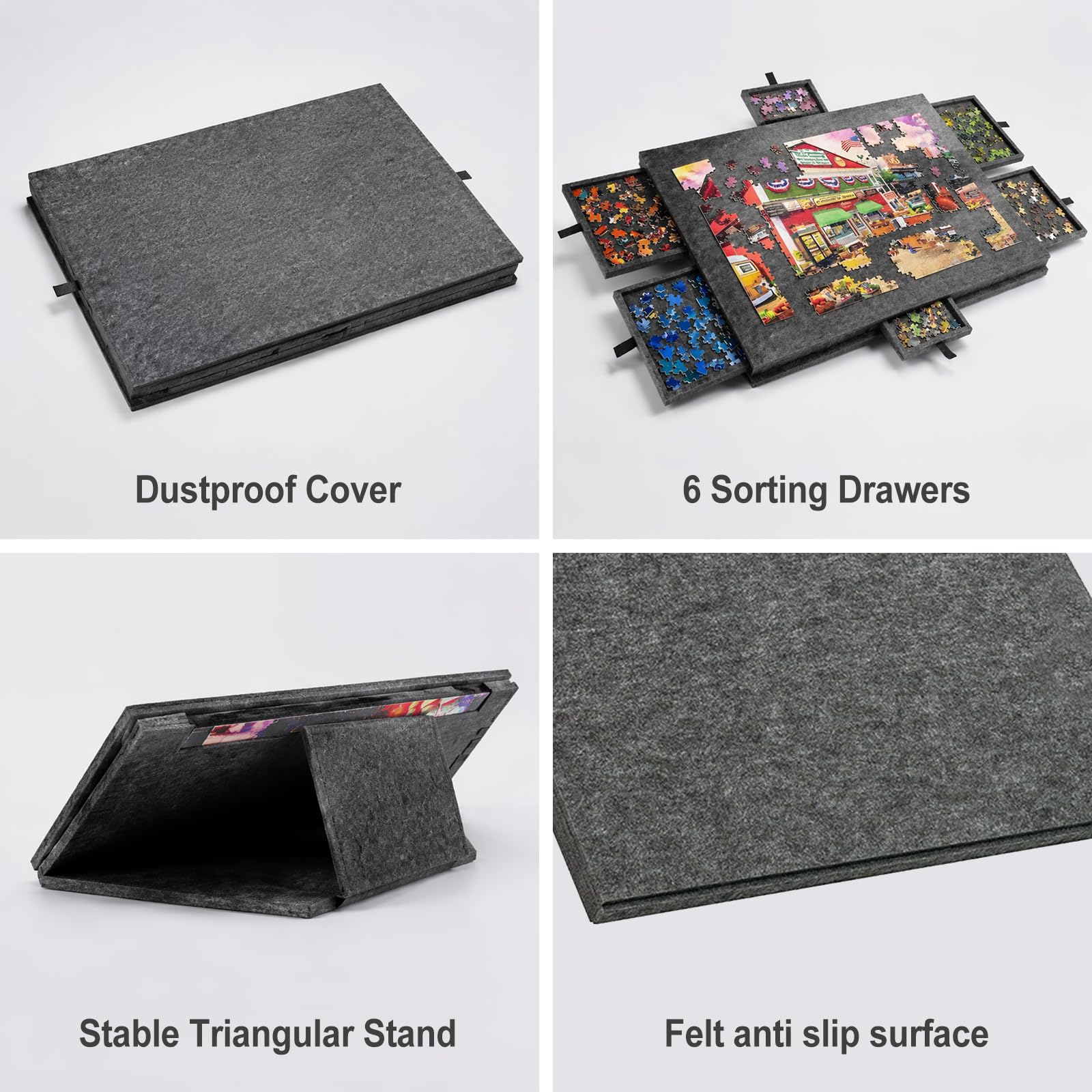 Planche de puzzle 2 en 1 de 1000 pièces avec 6 tiroirs, table de puzzle inclinable et pliable en feutre avec couvercle et support, dossier de puzzle portable pour rangement, plateau de puzzle