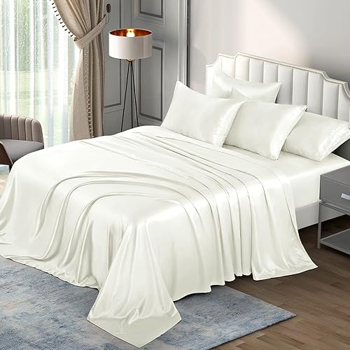 Miniatura 3 de P Pothuiny Juego de sábanas de satén tamaño Queen de 6 piezas, seda de satén blanco marfil, 1 sábana bajera de bolsillo profundo + 1 sábana encimera