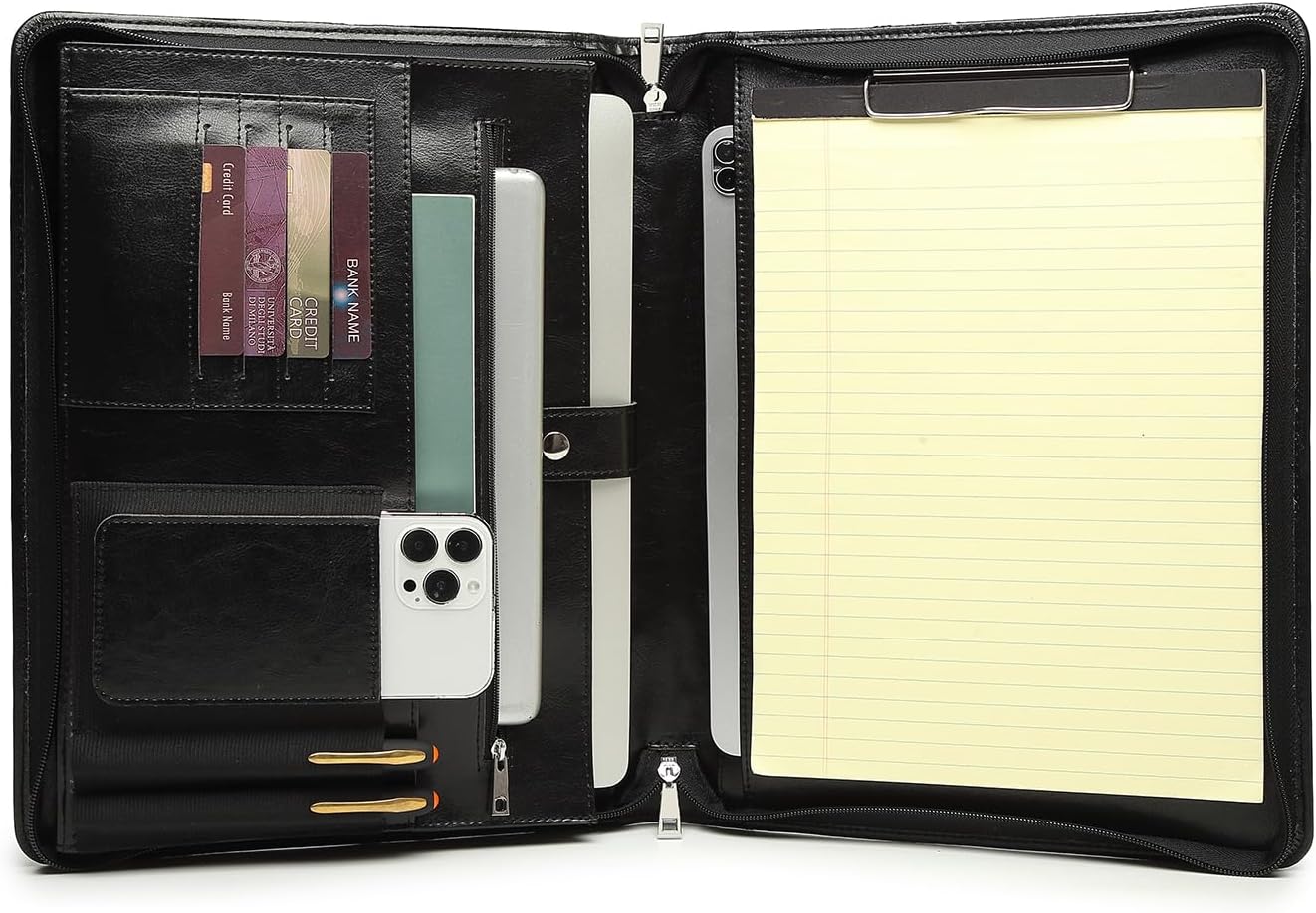 Vegan Leather Portfolio with Hidden Handle, Clipboard Folder, Front Pocket, 8.5 x 11 Legal Pad Notebook Holder, Professional Executive Interview Zip Laptop Padfolio for Women Men, Black