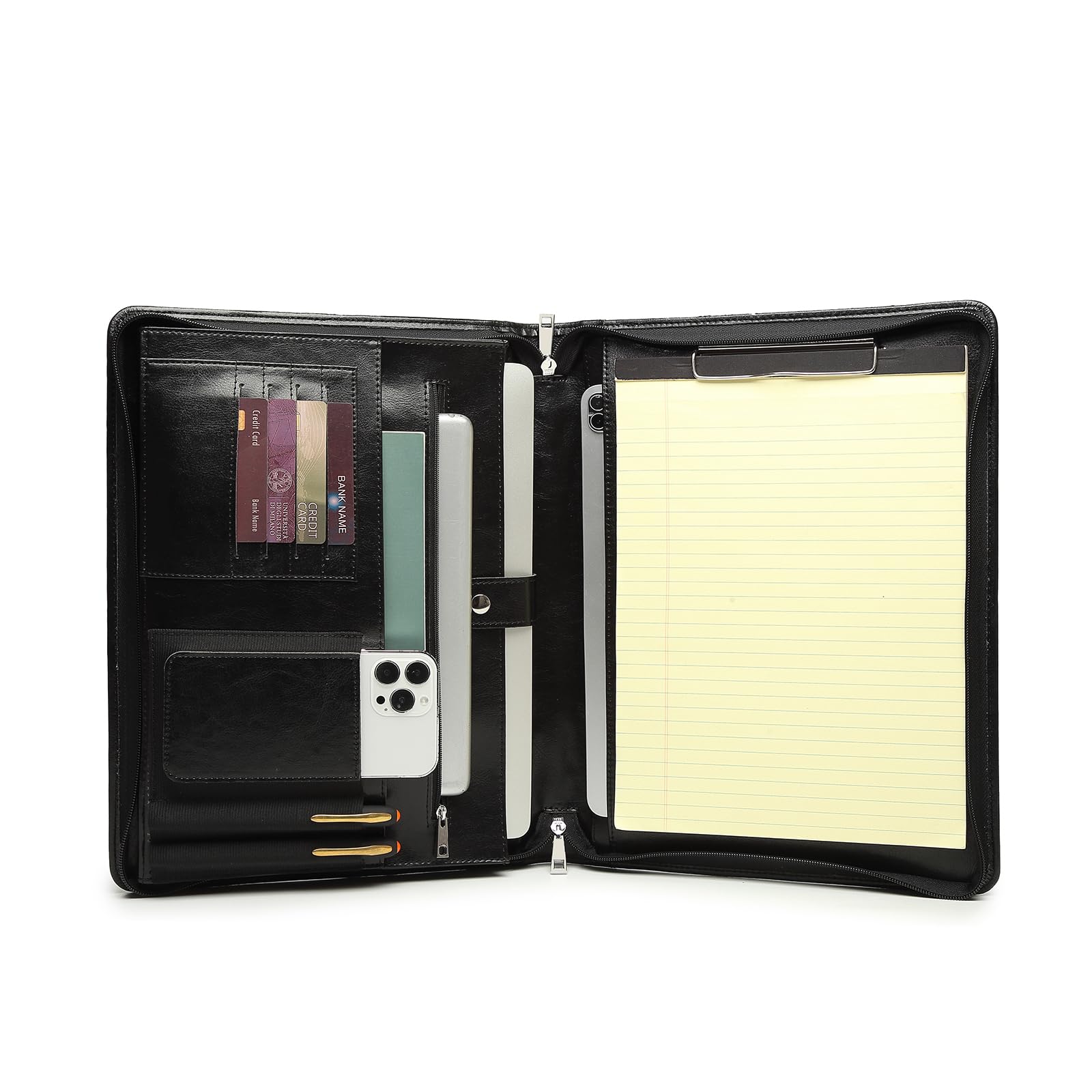 Portfolio in pelle vegana con portablocco, organizer con cerniera e 4 scomparti per biglietti da visita, 2 portapenne, tasca per tablet da 13,3", per donne e uomini, nero