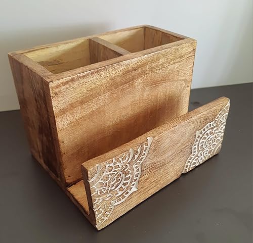 Miniatura 6 de Organizador de cubiertos de madera, 2 compartimentos, soporte para utensilios de madera con soporte para servilletas, contenedores organizadores de