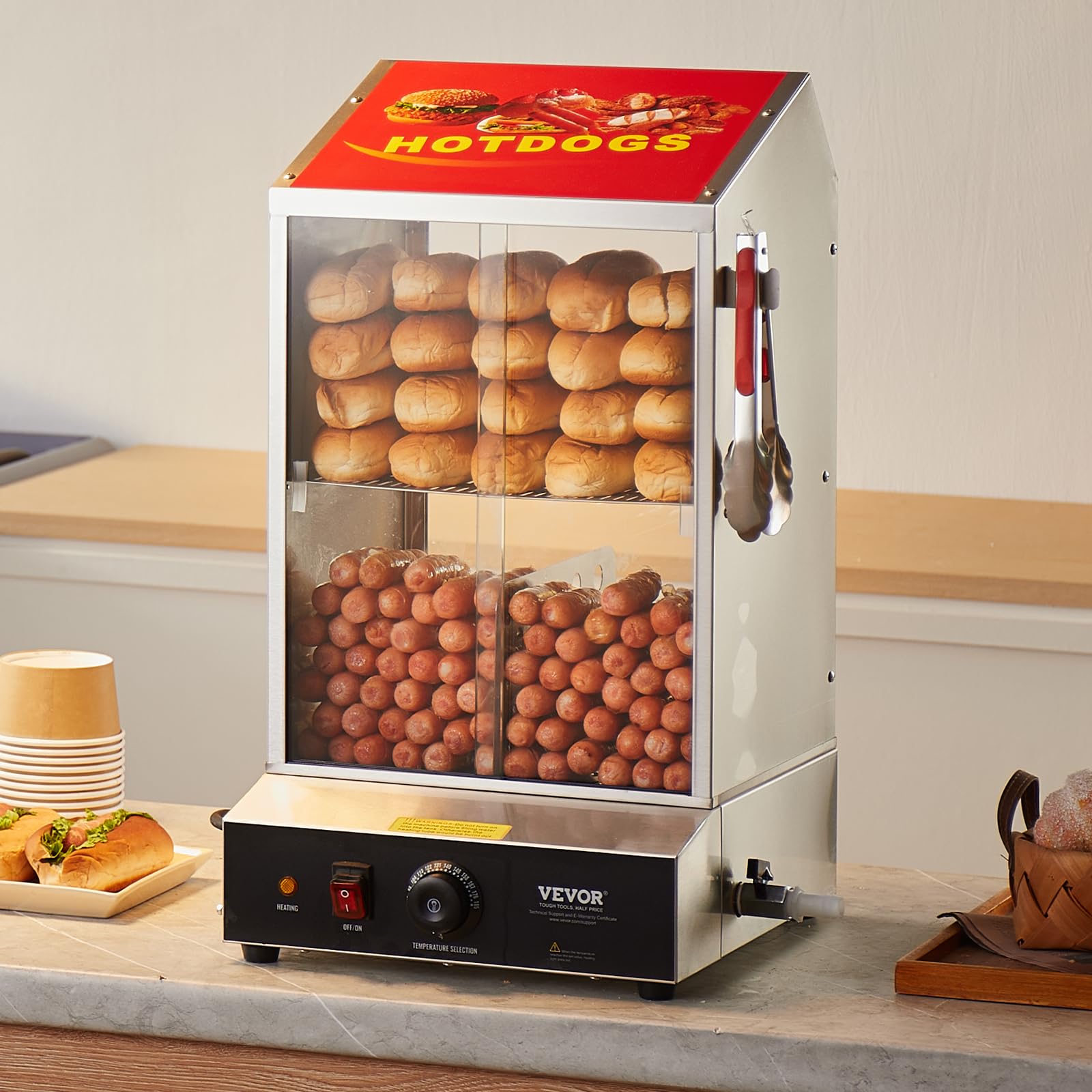 VEVOR Macchine per Hot Dog a Vapore 37L da 2 Ripiani, Controllo Temperatura 30℃~85℃, Macchina Scalda Panini Elettrico con Porte Scorrevoli in Vetro Temperato Piastra Divisoria per Hot Dog Panini