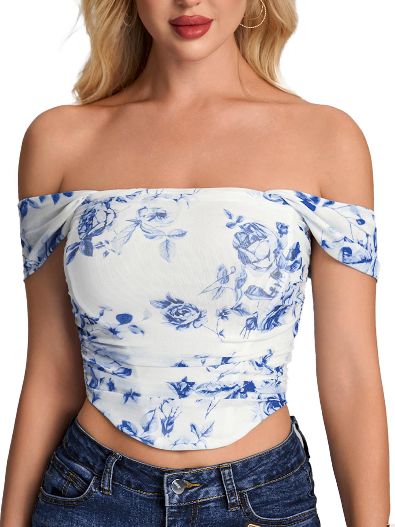 Off Shoulder Summer Floral Corset Tops for Women 2026 Cute Y2K Ruched Going Out Party Trendy Bustier Crop Top-image-34