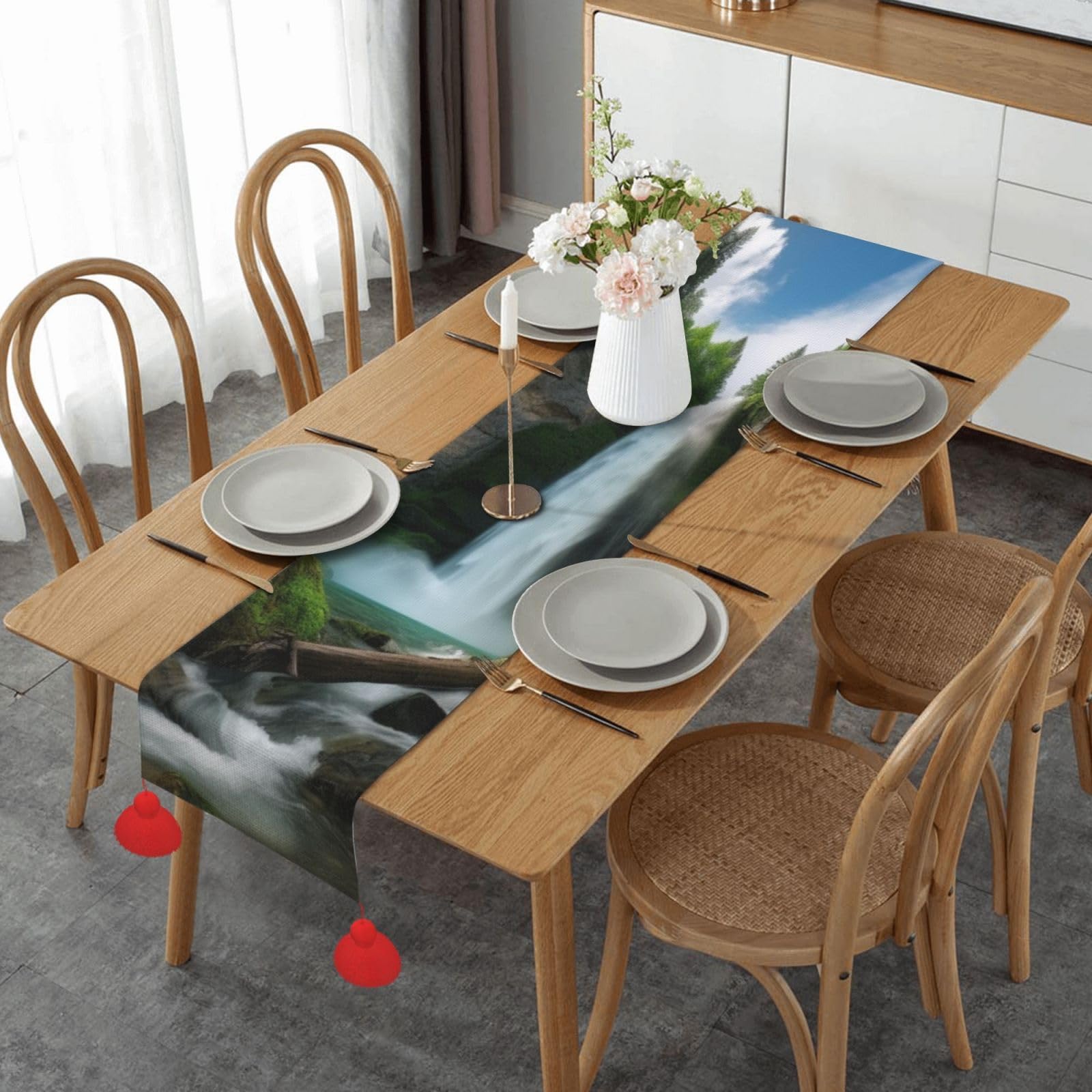 Chemin de table en lin lavable 35x152 cm motif cascade durable