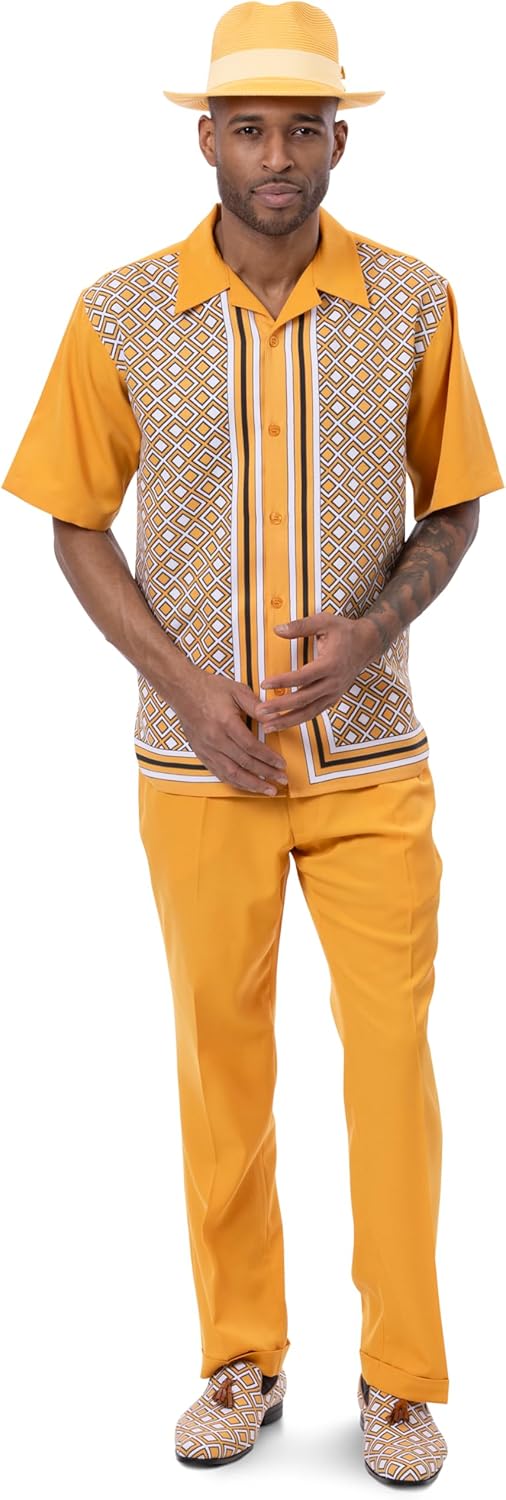 MONTIQUE Men's Walking Suit – Short Sleeve Button-Up Shirt & Relaxed-Fit Cuffed Pants - 2426