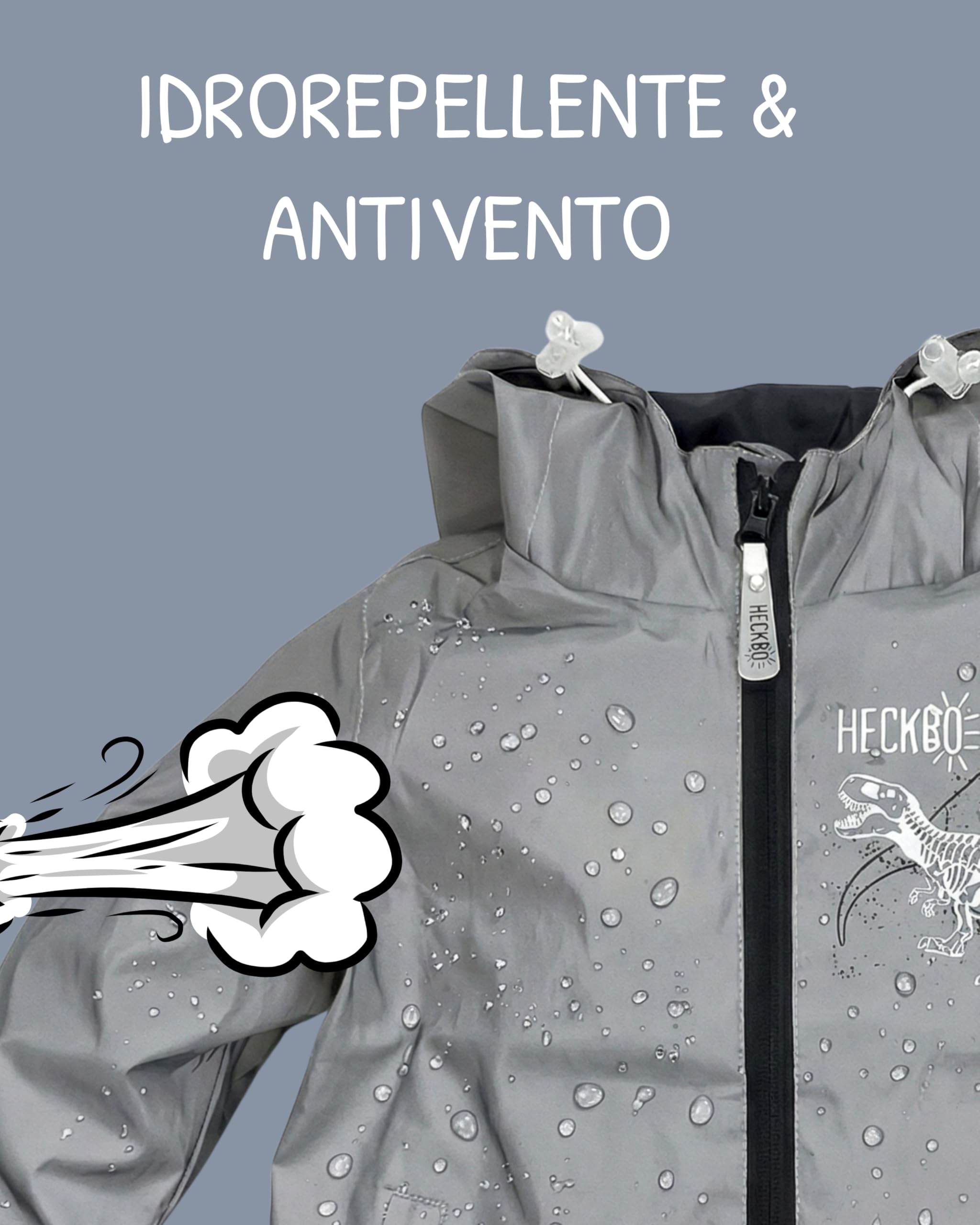 HECKBO Giacca a vento antipioggia da dinosauro per bambini in materiale riflettente - 3-6 anni - impermeabile e antivento