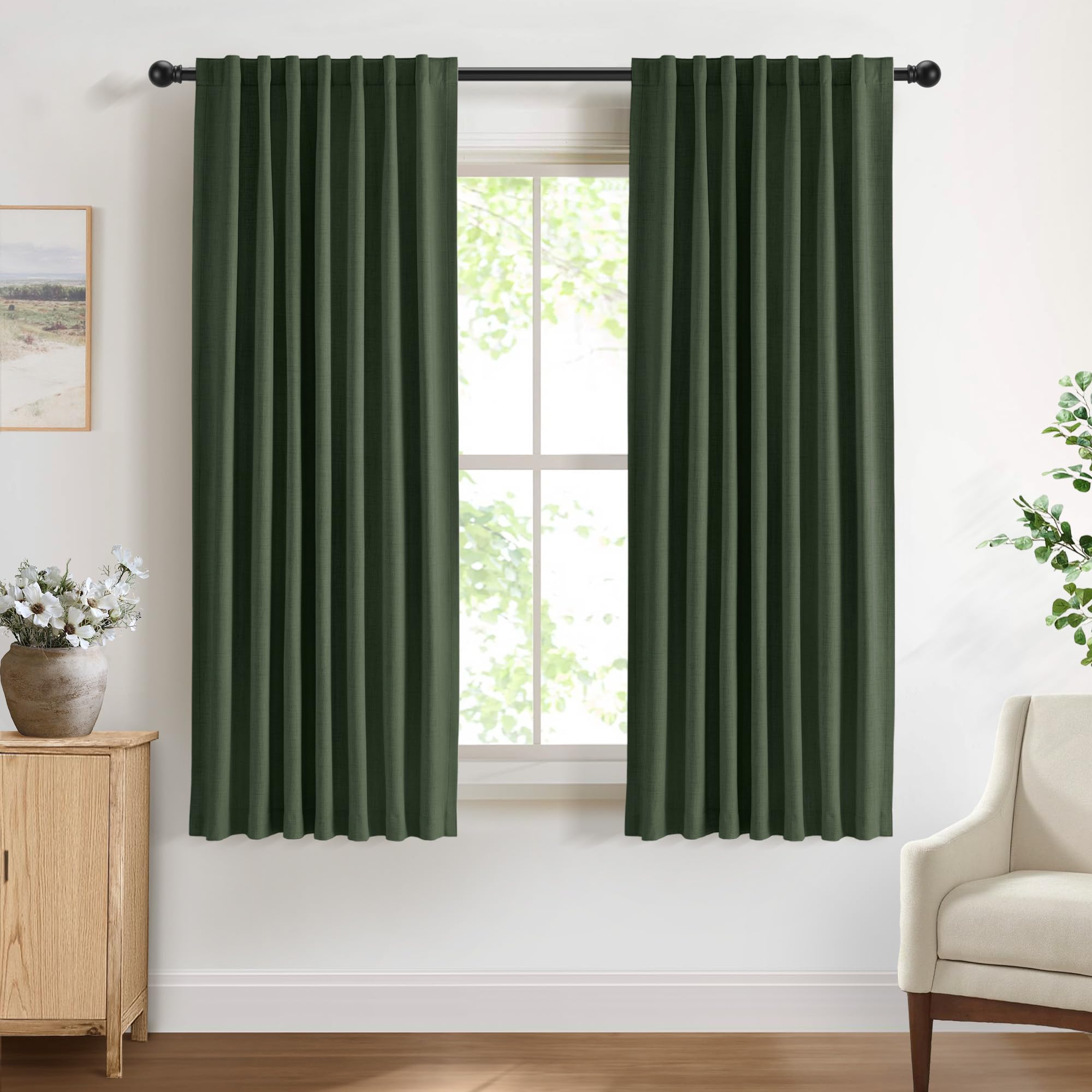 DEFYNEE 100% Blackout Curtains 2 Panels, 50" W x 63" L, Loden