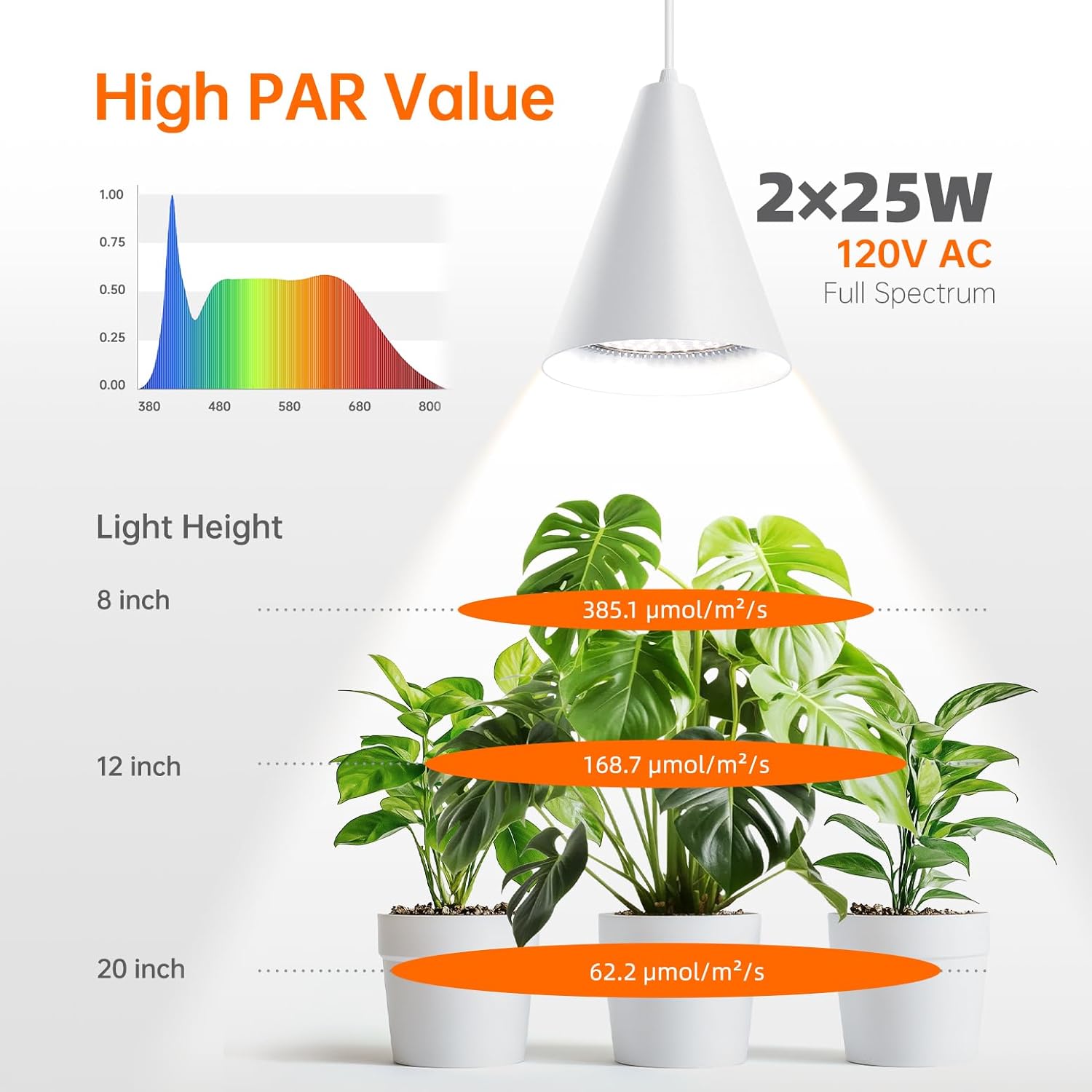 Bstrip Hanging Grow Lights for Indoor Plants, Two Head One Cord, 50W Full Spectrum Hanging Plant Light with Timer, 5000K Daylight White Pendant Grow Light for Garden, Flowers, Succulents Growing