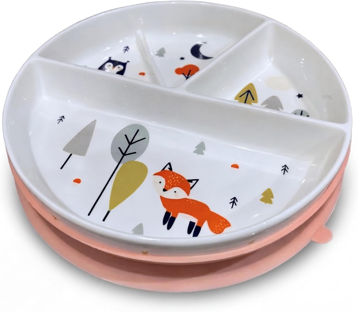 Non-Toxic Divided Ceramic Toddler Plate with Silicone Lid & Non-Slip Base, 8 Inch Microwave & Dishwasher Safe Porcelain Dish for Babies, Kids, Animal Design