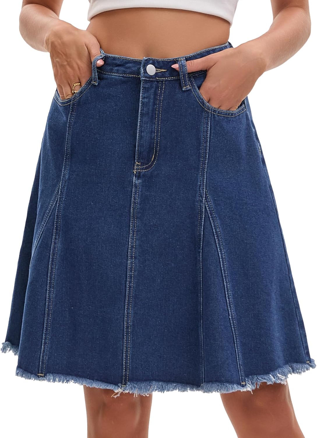 Women's Denim Skirt A Line High Waist Flared Raw Hem with Pockets Casual Jean Skirts