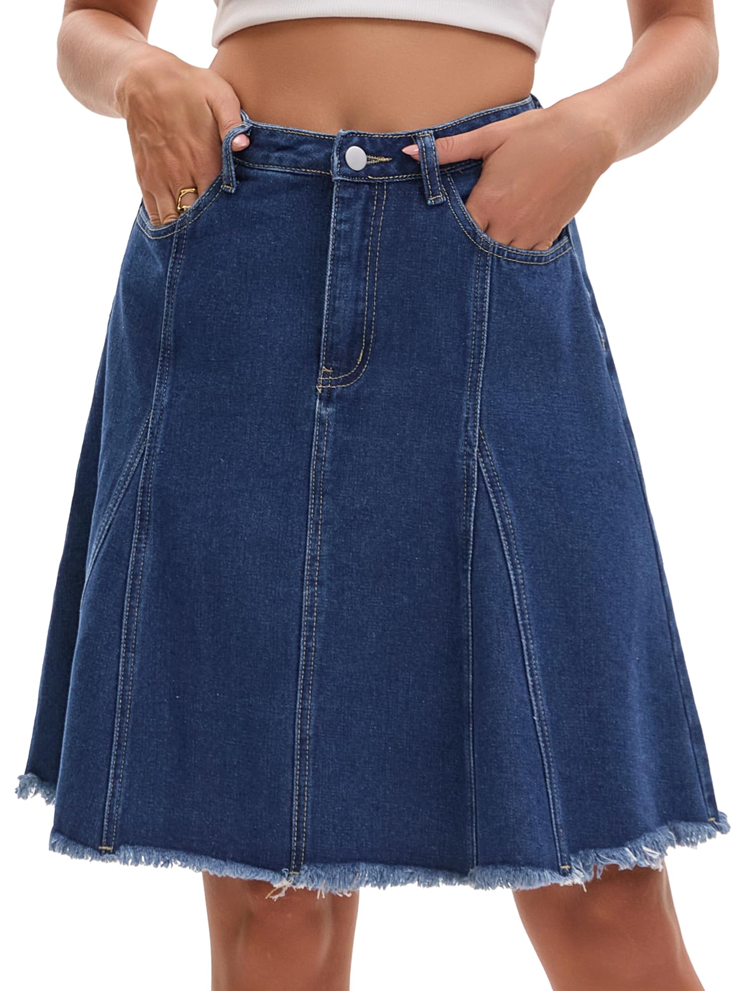Falda Vaquera para Mujer Corte A Cintura Alta Acampanada Dobladillo sin Rematar con Bolsillos Estilo Informal