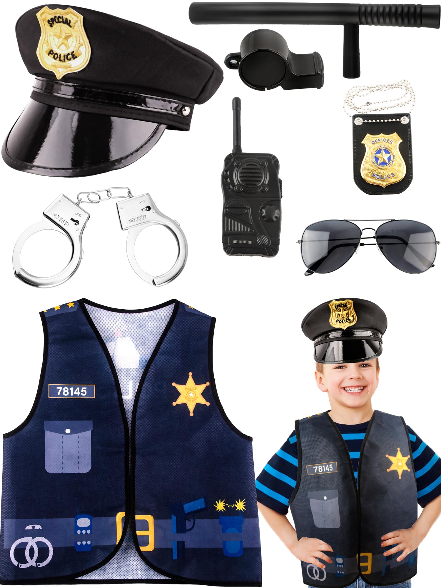 8 Pcs Kids Police Costume Set - Police Vest, Hat, Props & Officer Dress Up for Boys - Career Day, Halloween Party