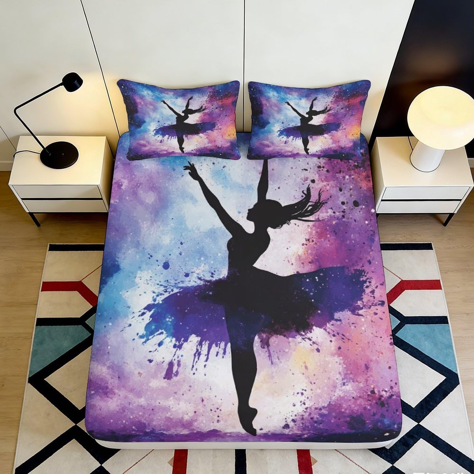 Pnayamiorkfel Style-3 3D Printed Ballet Silhouette Fitted Sheet Microfiber Purple Watercolor Mattress Cover Non-Slip Washable Bedroom Decor 90X200x25cm