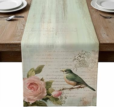 Pink Floral 72 Inch Table Runner, Bird Branch Vintage Mottled Middle Century Farmhouse Dresser Scarf Cotton & Linen Tablerunner for Dining/Kitchen Island/Holiday Party Decor 13" x 72"