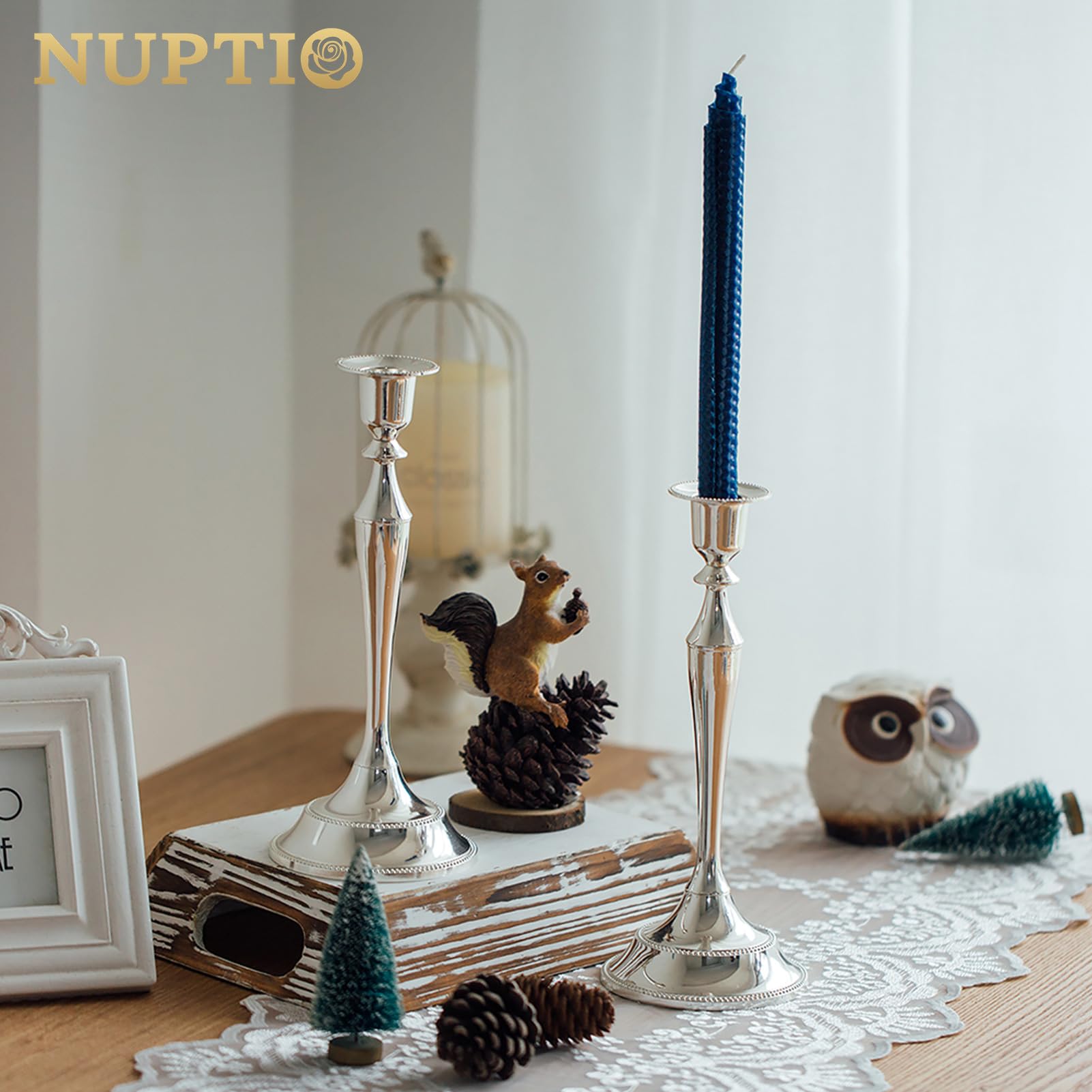 Nuptio Portacandele per Candele 2 Pezzi Argento Candela Bastoni Sta 24.5cm Alto Cono Portacandela per Matrimonio Festa di Compleanno Tavolo Centerpieces Camino Decorazione di Natale