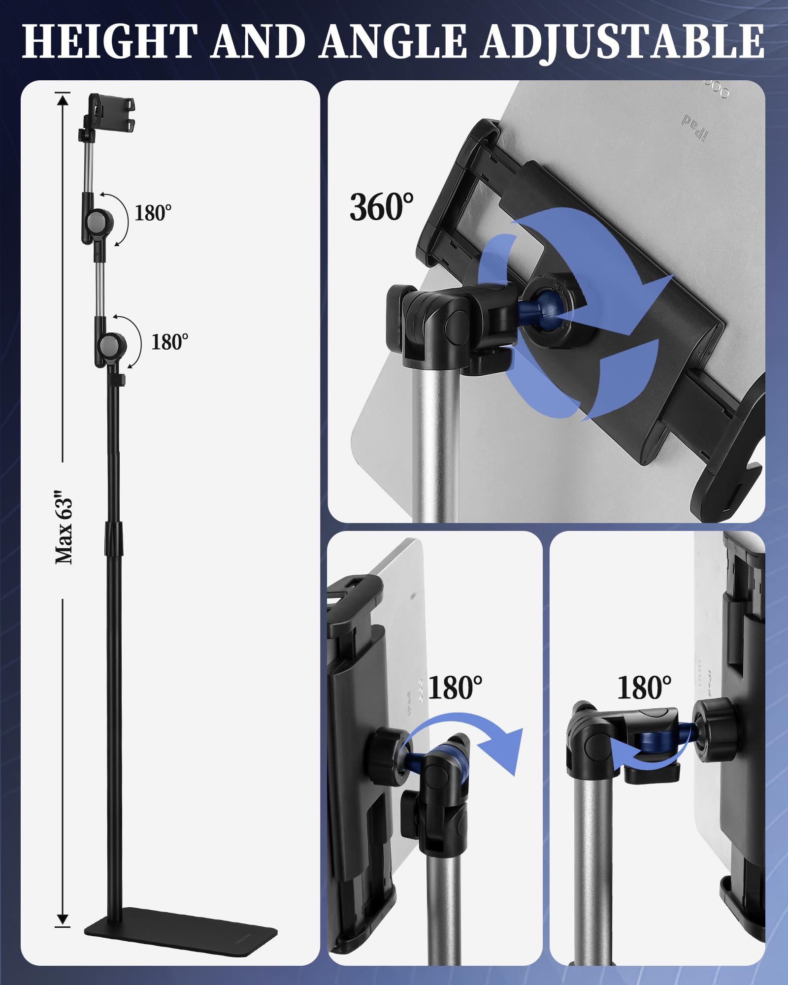 SHUWEI Soporte de suelo para tablet con engranajes helicoidales de doble autobloqueo, 70.9 pulgadas de altura ajustable para iPad con base estable de 7 libras, compatible con iPad, Kindle, teléfono,