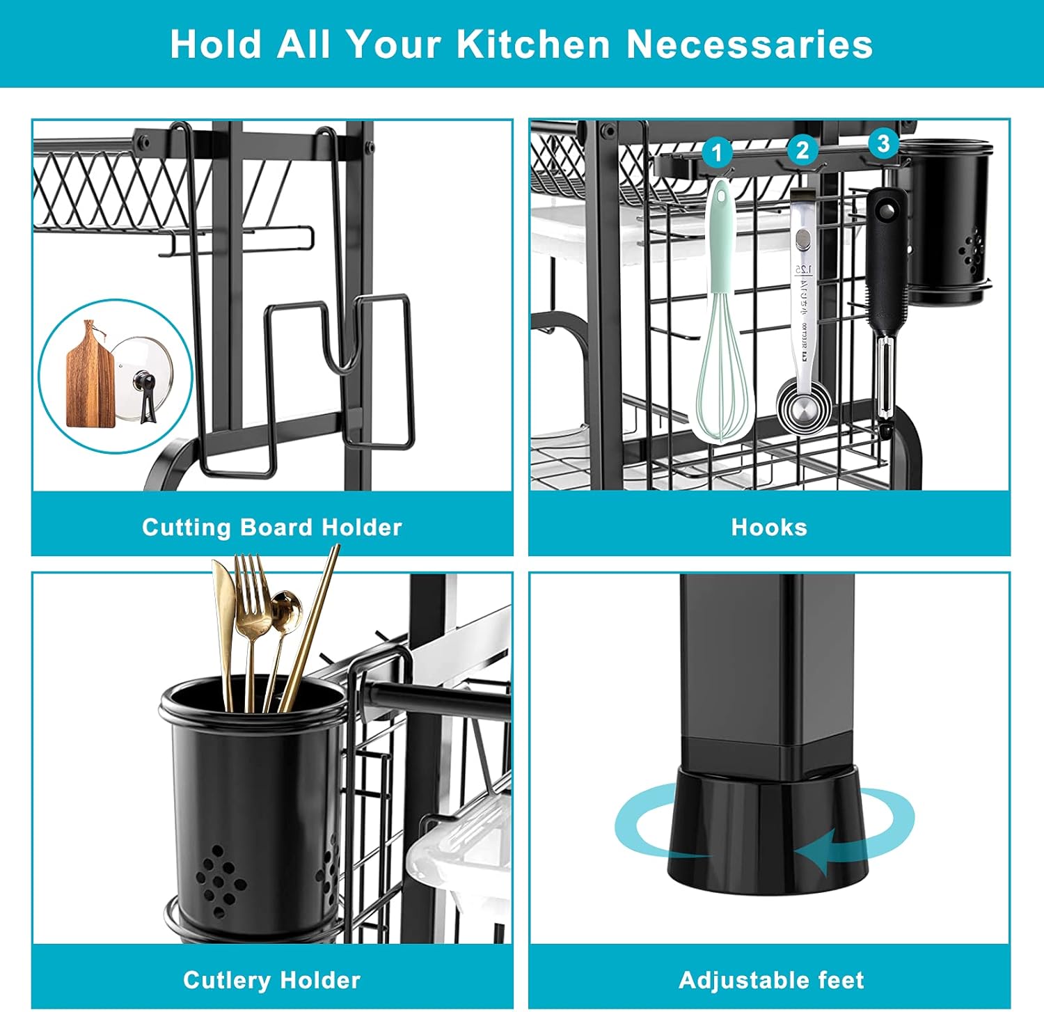 V-zone Dish Drying Rack,2 Tier 304 Stainless Steel Kitchen Dish Rack with Utensil Holder,Cutting Board Holder,Dish Drainer with Drainboard Tray for Kitchen Counter Organizer, height-16inch