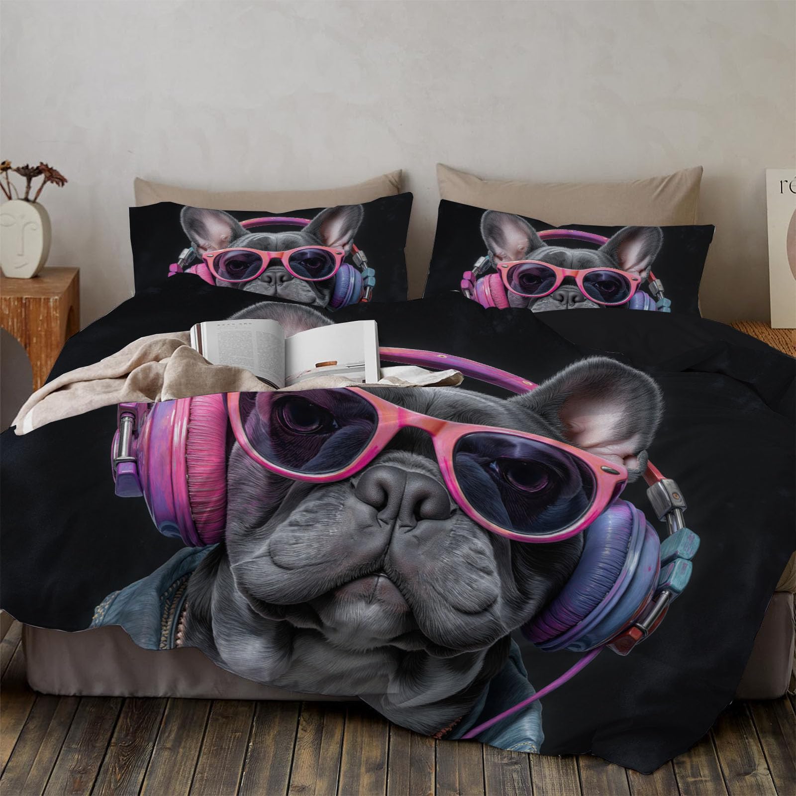Housse de couette 240x260 bouledogue gris en microfibre avec ses 2 taies d'oreiller pour lit adulte